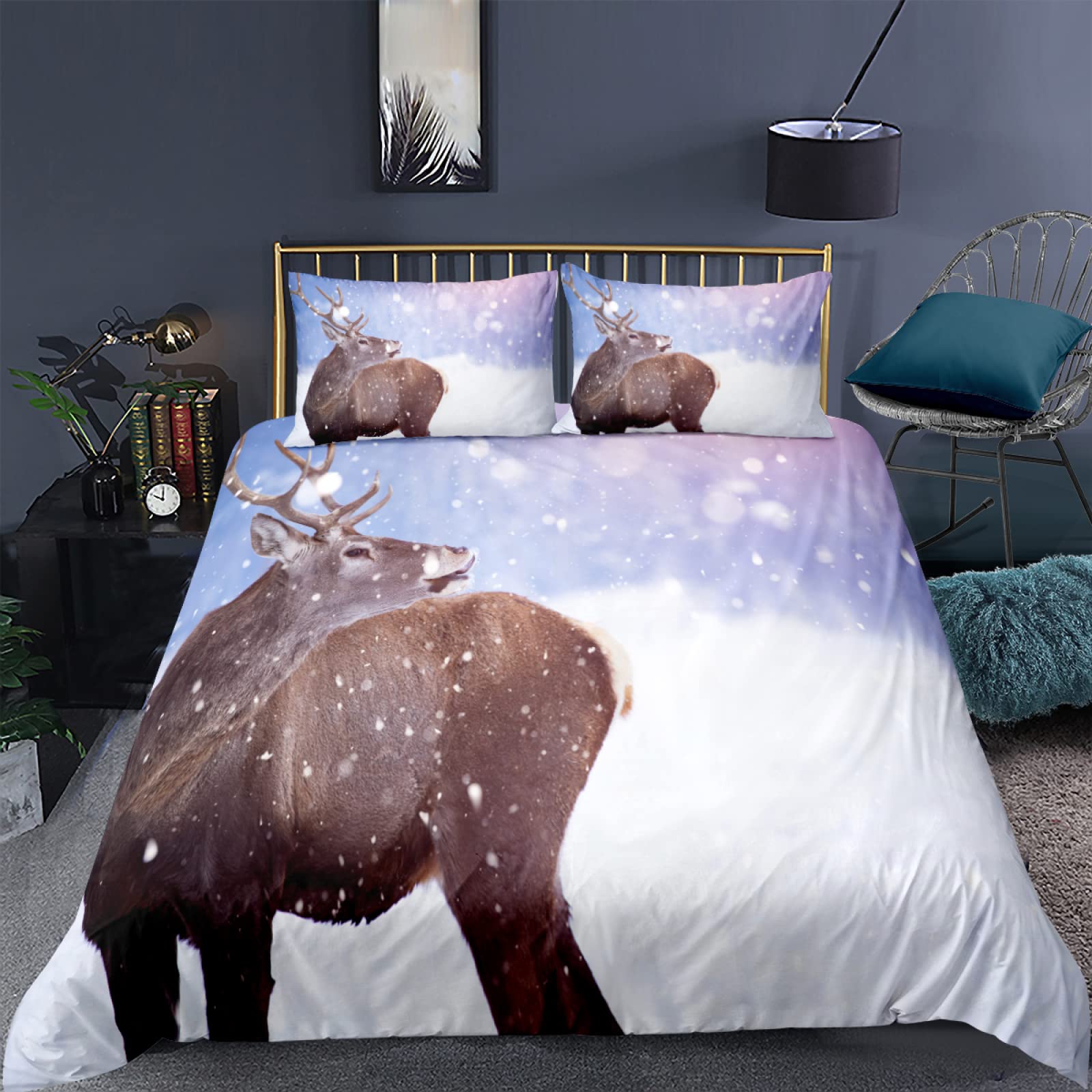 3D Printed Elk Snow Pattern Twin Bedding Set - Microfiber Duvet Cover & Pillowcase (2 Pieces) for Adults & Kids - Boys & Girls Bedroom Decor - Cozy Winter Themed Bedding for Cabin, Dorm or Guest Room