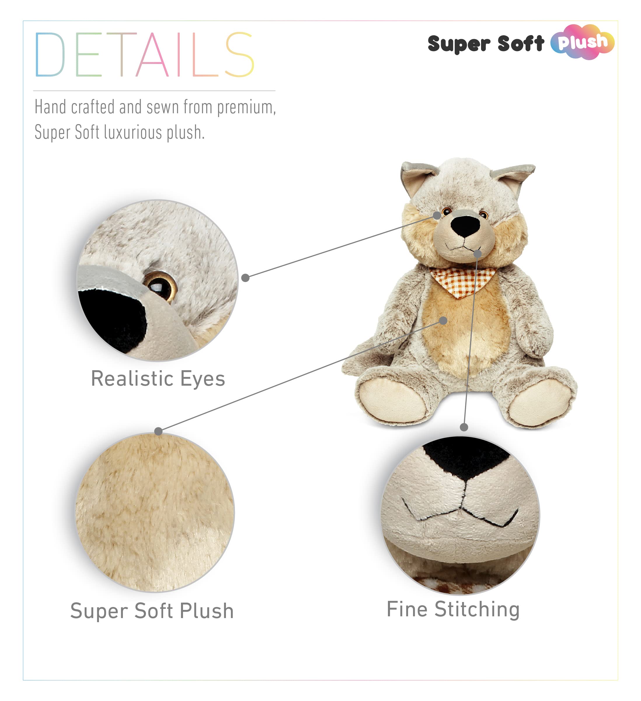 Puzzled DolliBu Plush Wolf Stuffed Animal Pillow - 17 Inch Super Soft Jumbo Hugging Plush for Kids & Toddlers | Cozy Nap Buddy, Floor Pillow & Cuddly Companion for Bedtime, Playtime & Nursery Decor