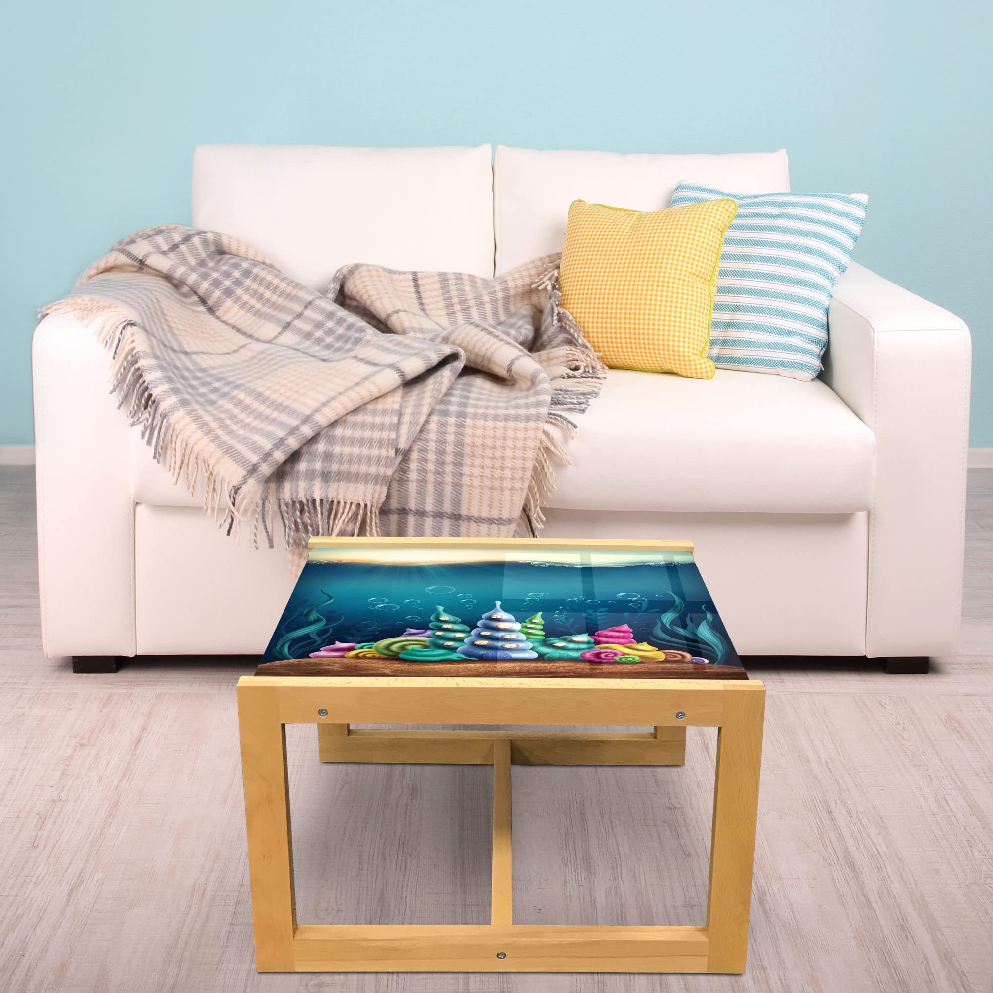 Ambesonne Ocean Themed Coffee Table - Underwater Fantasy Kingdom with Shell Houses & Water Bubbles Cartoon Print, Acrylic Glass Top with Wooden Frame - Large Teal Brown Center Table for Living Room, Office, Dorm Decor