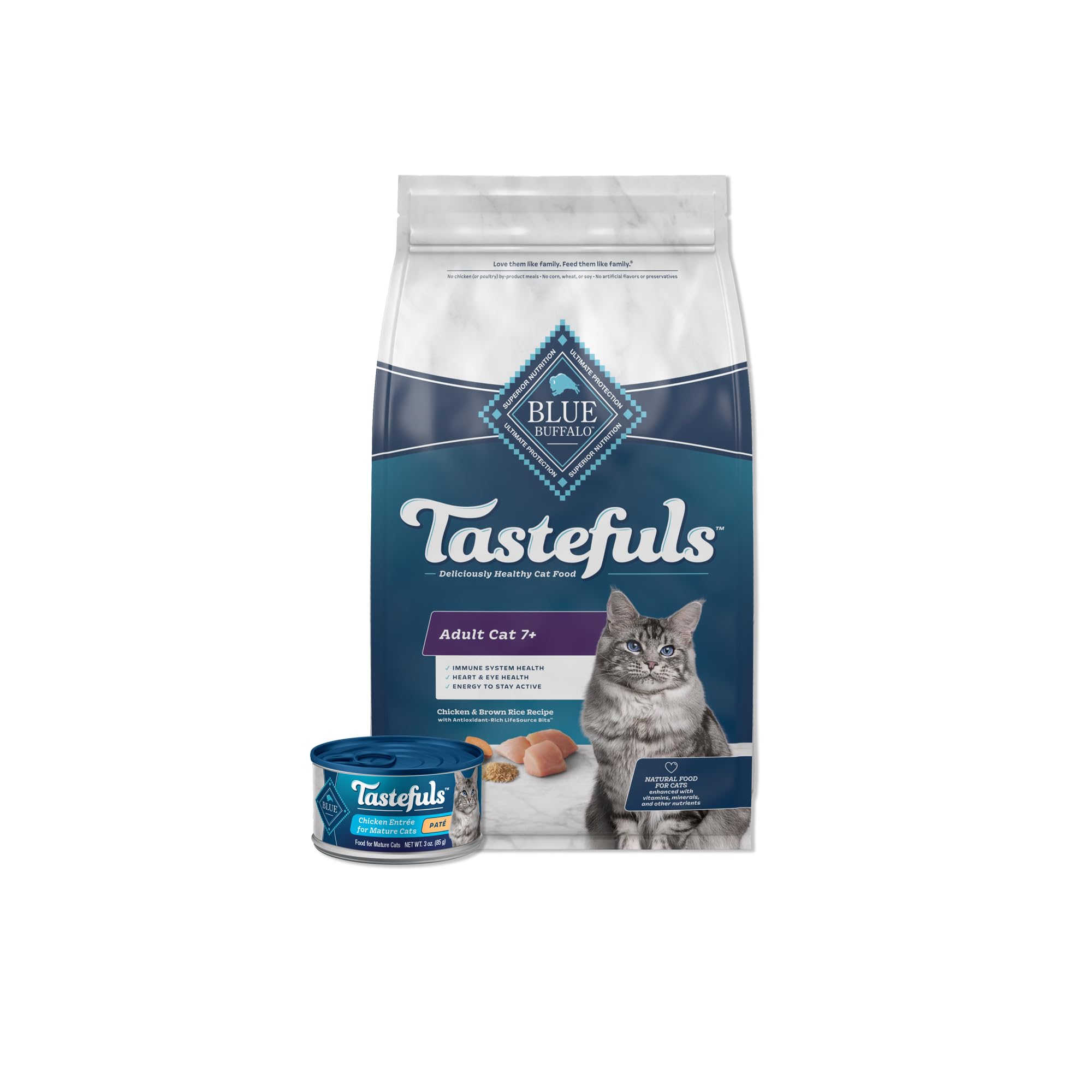 Blue Buffalo Tastefuls Adult 7+ Natural Cat Food Bundle - Dry & Wet Cat Food with Chicken (7-lb Dry Food + 24 Pack of 3oz Cans) for Senior Cats - Perfect for Indoor & Outdoor Adult Felines