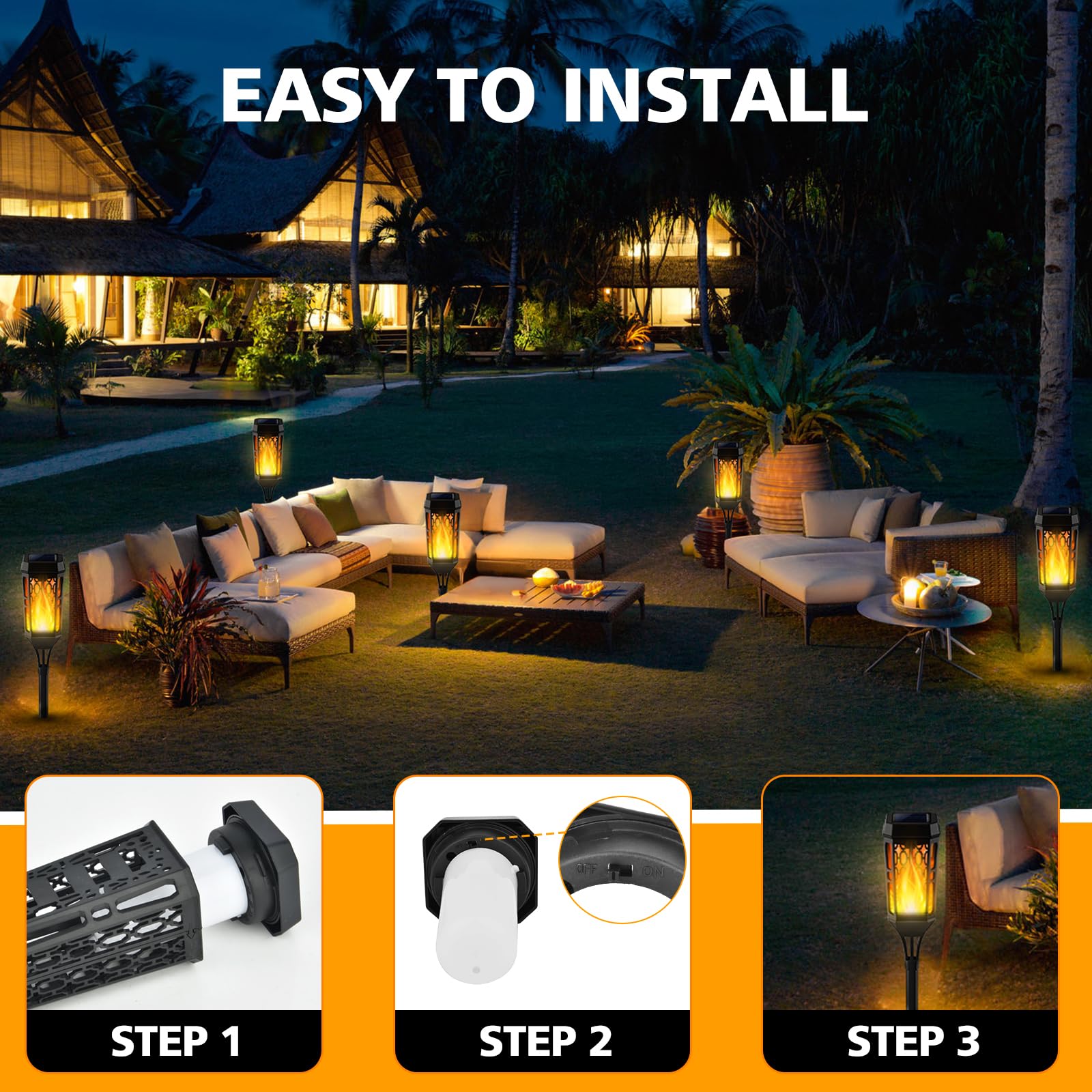 12 LED Solar Torch Flame Lights - IP65 Waterproof Outdoor Solar Pathway Lighting with Flickering Flame Effect for Garden, Lawn, Patio & Yard Decor | Perfect for Landscape Decoration, Pathway Illumination & Backyard Ambiance