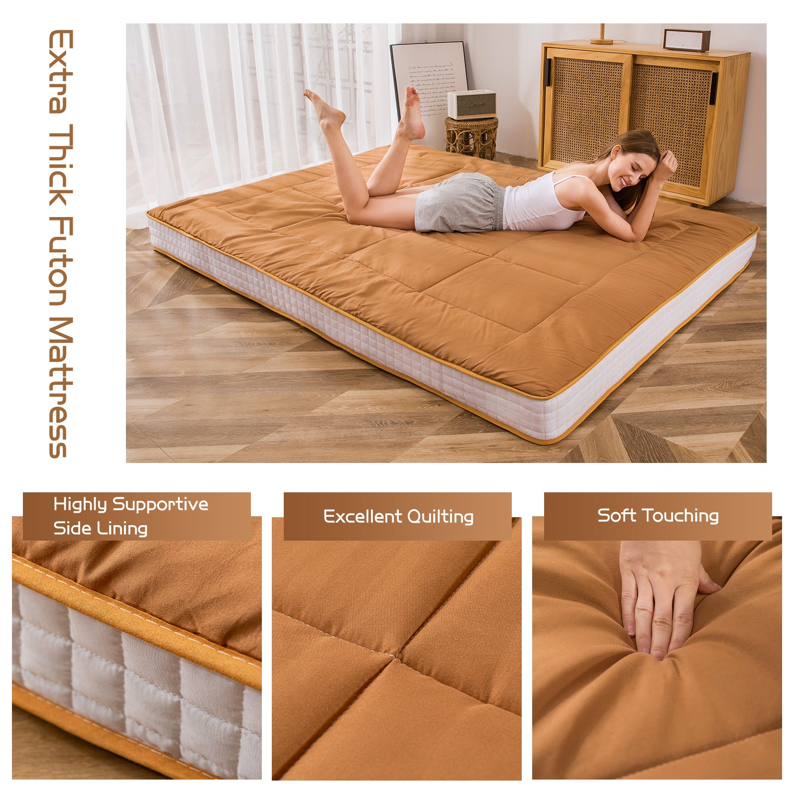 MAXYOYO 6-Inch Extra Thick Floor Futon Mattress - Light Brown | Foldable Guest Bed & Floor Cushion for Small Spaces, Dorm Rooms & Camping