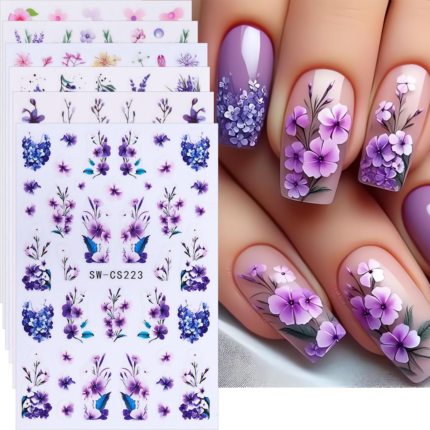 Colorful 3D Lavender Floral Nail Stickers - 6PCS Self-Adhesive Spring Nail Art Decals with Pink & Blue Flower Designs for Women DIY Manicure | Perfect for Spring Parties, Weddings, and Everyday Nail Decorations