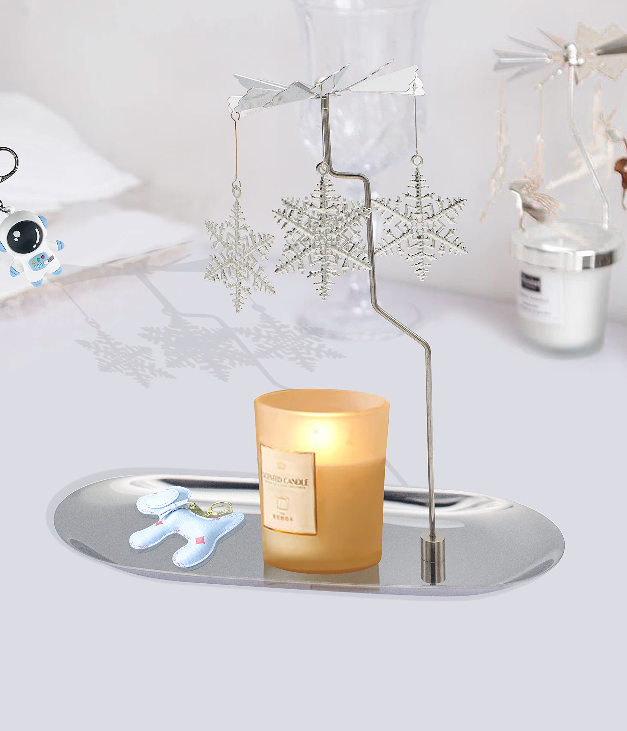 Silver Spinning Candle Holders with Tray - Rotating Rotary Light Holders for Christmas Decor, Romantic Weddings & Family Table Centerpieces - Perfect for Holiday Parties, Dinner Table Decorations and Special Occasions