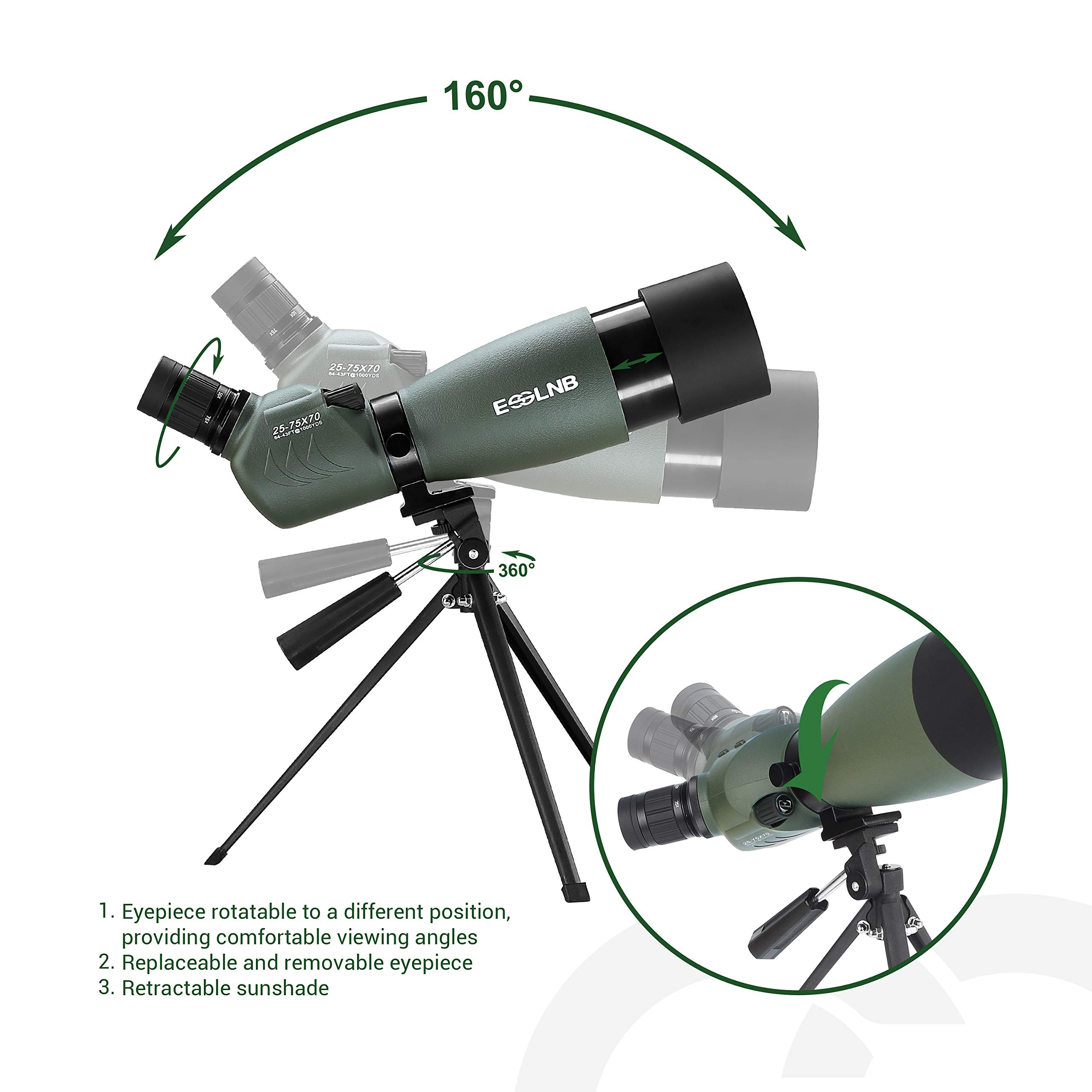 ESLNB 25-75X70 High Power Zoom Monocular Telescope with Tripod, Phone Adapter & BAK4 Prism - Ideal for Bird Watching, Hunting, Target Shooting & Outdoor Adventures