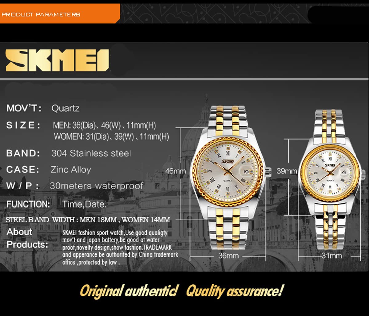 SKMEI Women's Luxury Stainless Steel Dress Watch - Elegant Analog Quartz Waterproof Wristwatch for Business & Formal Occasions - Perfect Gift for Wife, Girlfriend, or Special Occasions (Gold/Silver) - Ideal for Office, Parties, and Everyday Wear