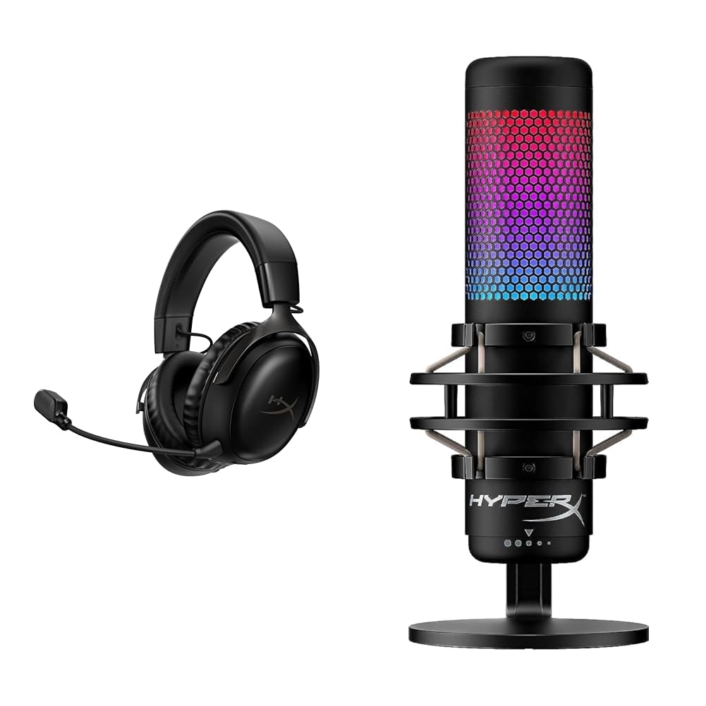 HyperX Cloud III Wireless Gaming Headset for PC, PS5, PS4 – Noise Cancelling Mic & QuadCast S RGB USB Condenser Microphone with Shock Mount – Perfect for Professional Gaming, Live Streaming & Podcast Recording