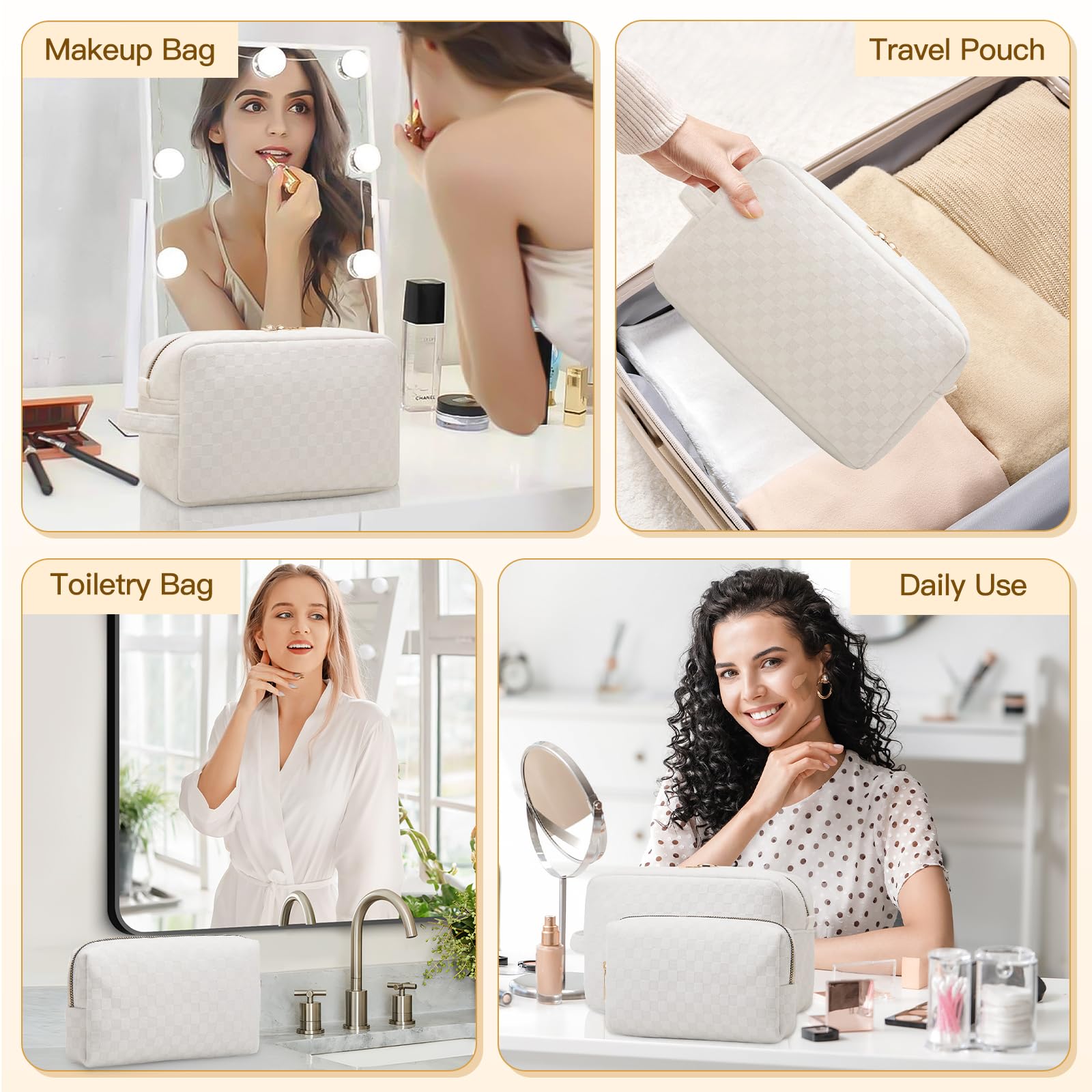 2 Pack Large Checkered Makeup Bag for Women - Waterproof Cosmetic Organizer with Travel Toiletry Case & Brush Holder - Perfect for Travel, Gym, and Daily Essentials Storage (Beige)