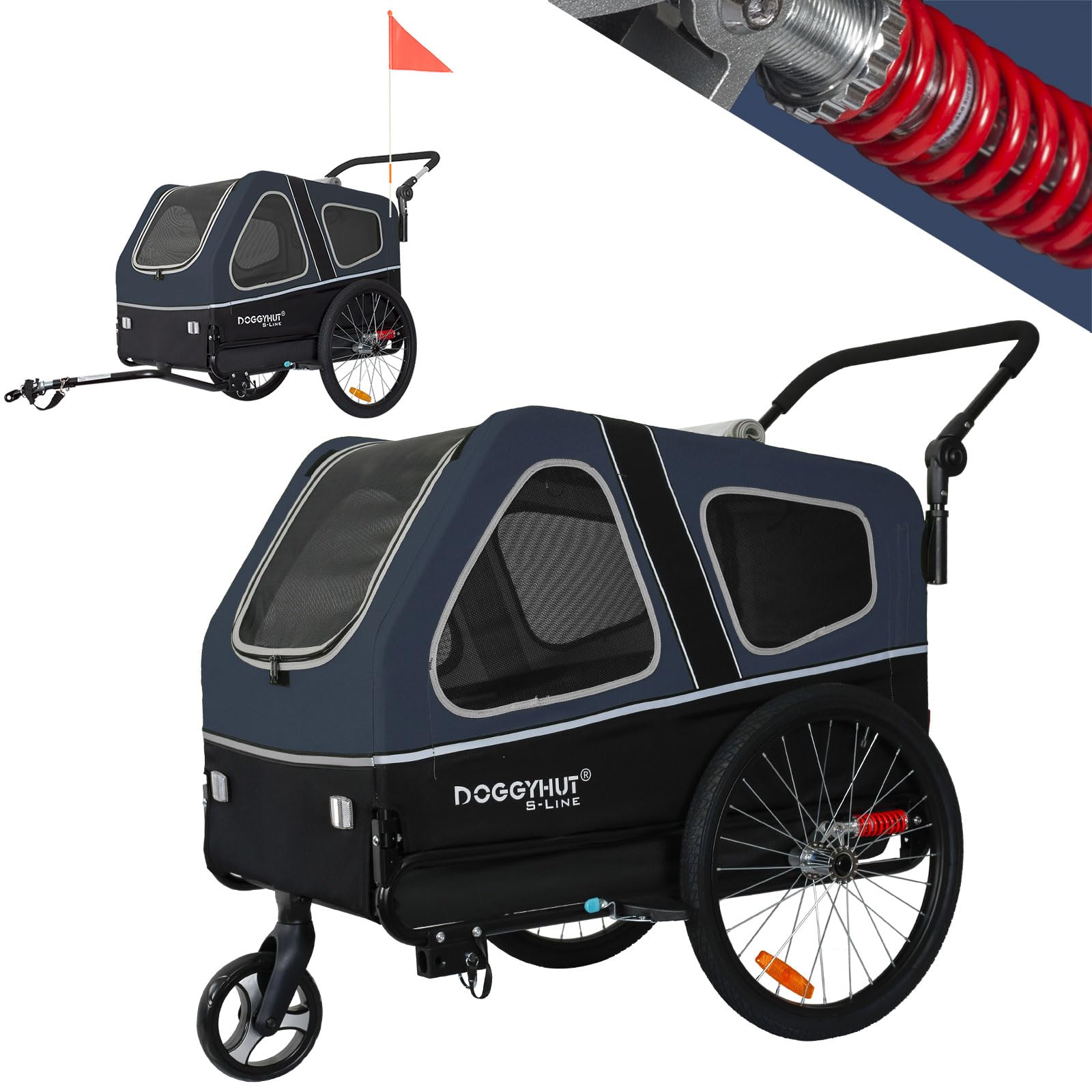 DOGGYHUT® S-Line XL Pet Bike Trailer & Stroller for Large Dogs Up to 100 lbs - Foldable Dog Cart with Suspension Wheels, Low Center Gravity & Parking Brakes - Perfect for Cycling, Jogging & Outdoor Adventures with Your Dog
