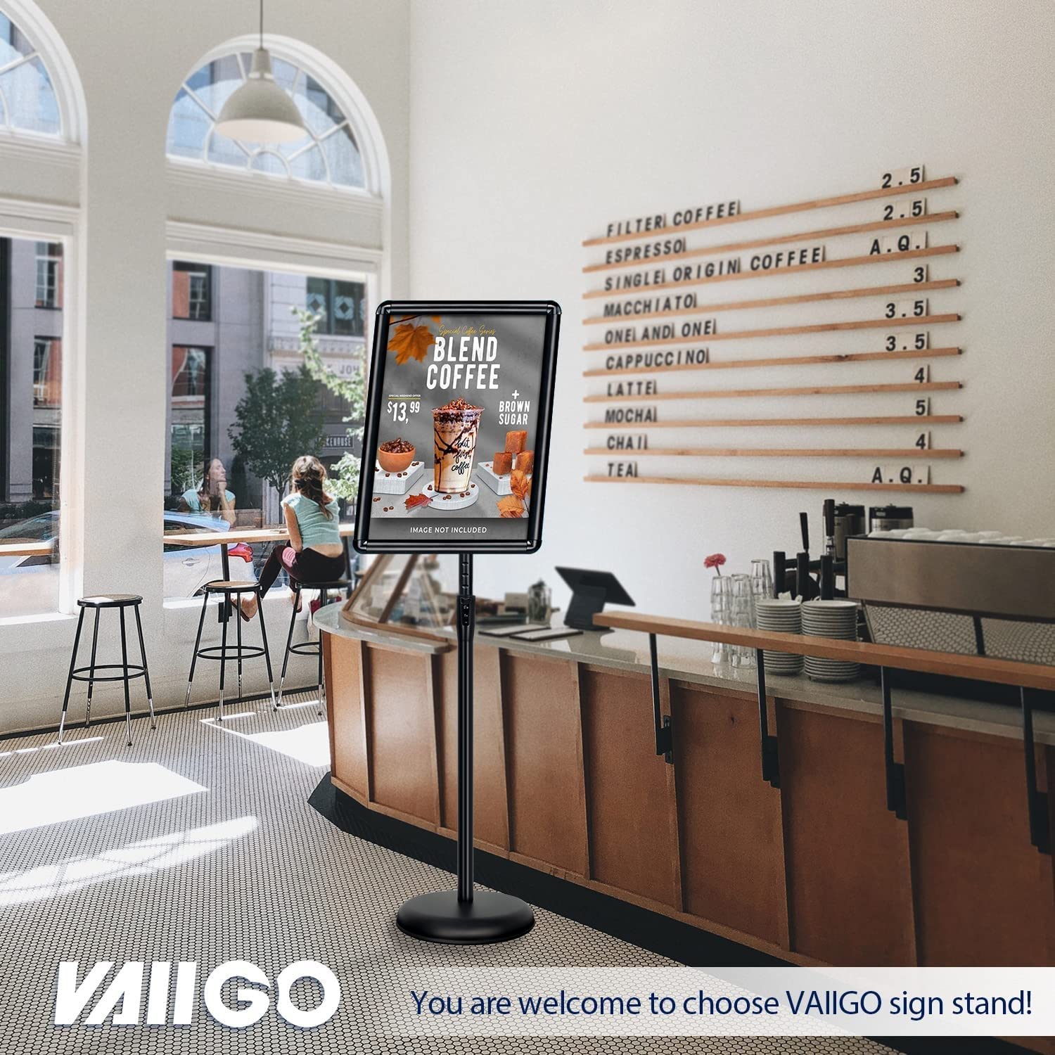 Black Metal A4 Floor Sign Holder - Adjustable Pedestal Poster Stand for Advertising, Menu Display & Retail Signage - Free Standing Landscape Sign Rack with Flat Base - Perfect for Restaurants, Stores & Trade Shows