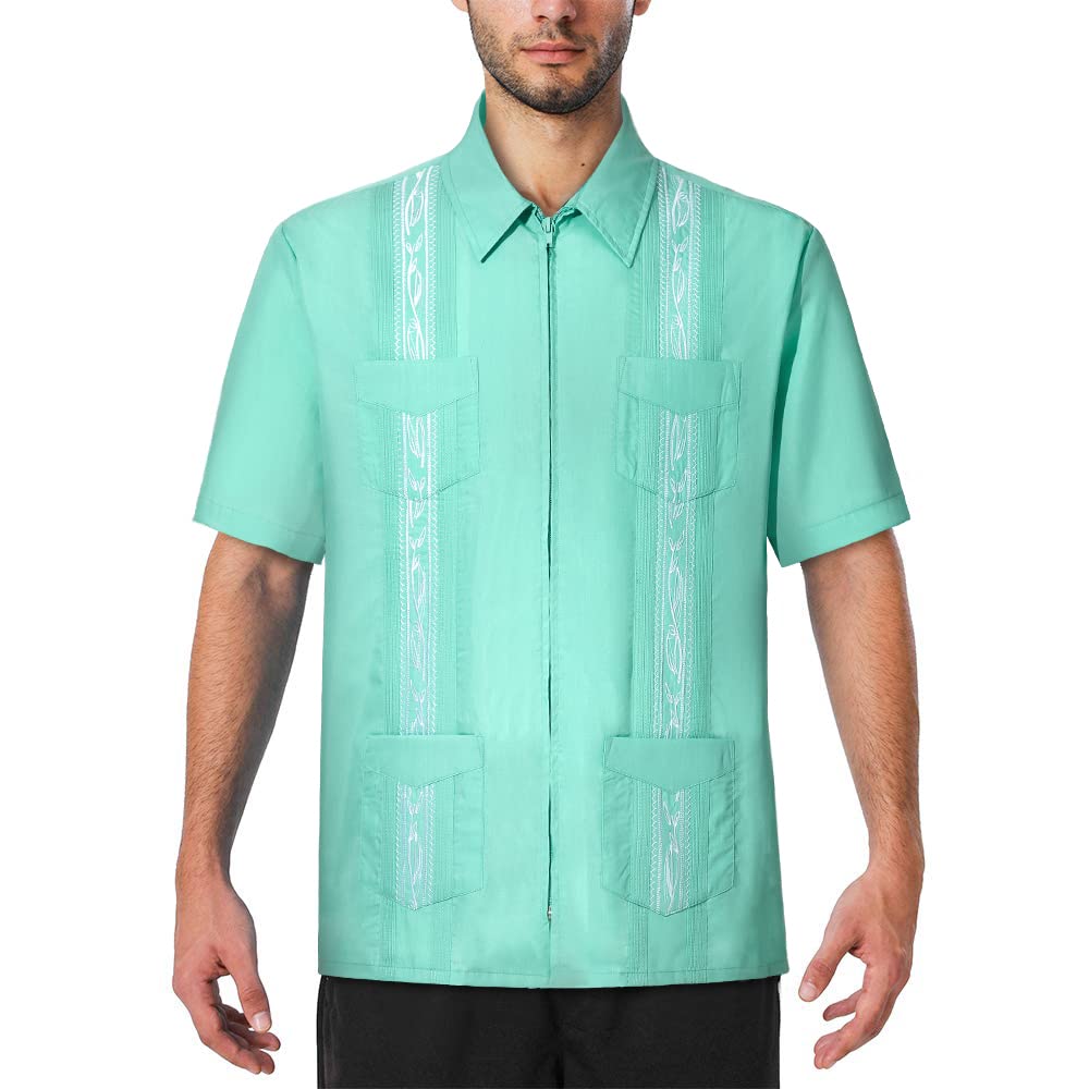 EUMAYA Men's Casual Guayabera Shirt - Short Sleeve Cuban Style Zipper Shirt for Summer | Mexican Beachwear, Vacation & Party Outfit