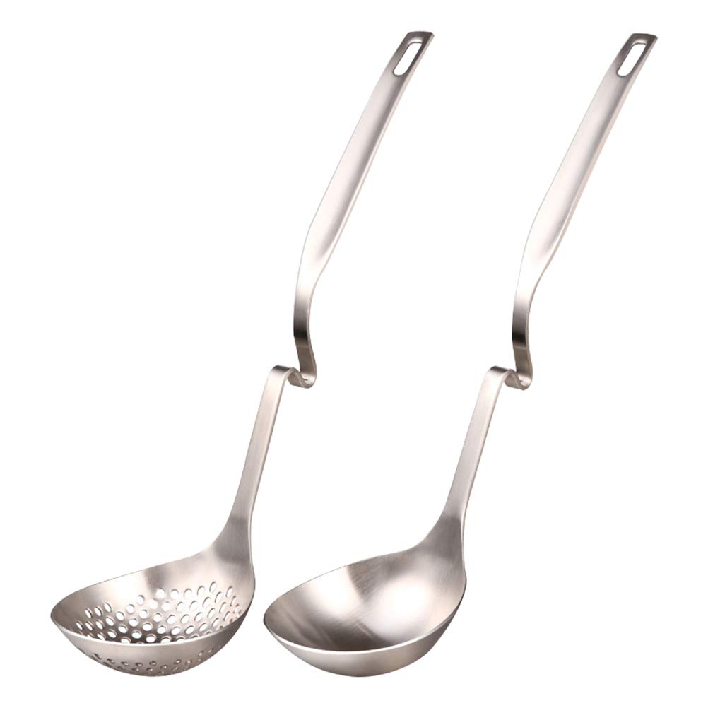 Best Stainless Steel Soup Ladle Colander with Long Handle - 2-Piece Slotted Spoon Cooking Utensil Set for Kitchen, Serving, and Straining Pasta, Soup, or Stews - Hanging Design for Easy Storage
