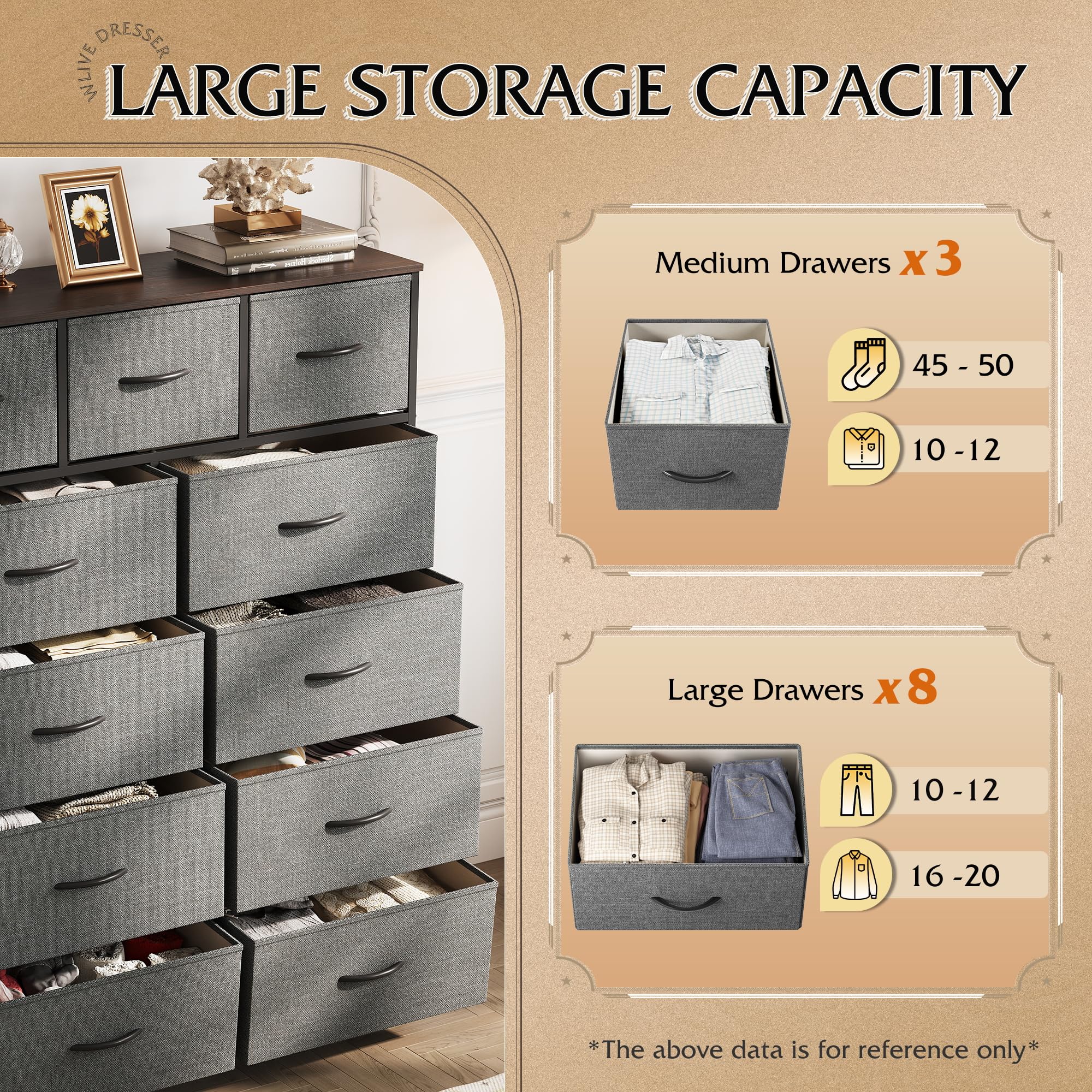 WLIVE 11-Drawer Fabric Dresser Storage Tower with Steel Frame & Wood Top - Tall Dresser Organizer for Bedroom, Closet, Hallway - Perfect for Clothing, Linens & Home Organization