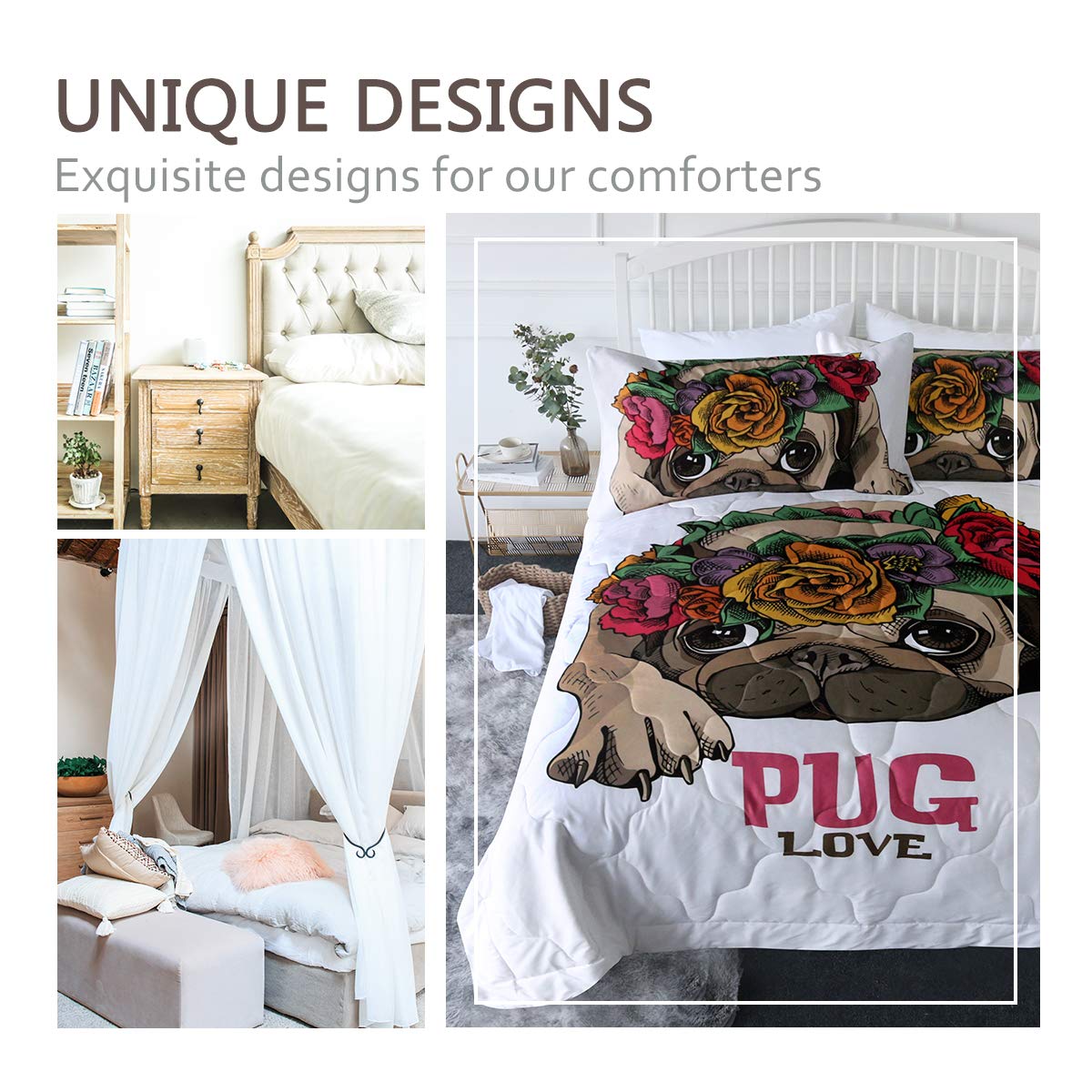 Pug Comforter Set Queen Size - Soft Dog Bedding for All Seasons & Home Decor
