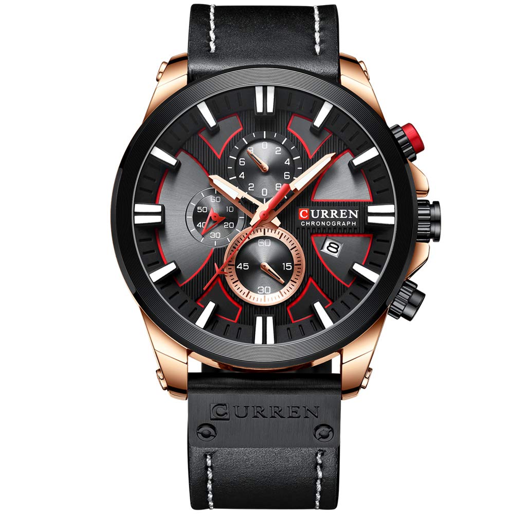 CURREN Men's Water Resistant Chronograph Sports Watch - Military Style Multifunctional Leather Strap Quartz Wristwatch for Outdoor, Casual & Business Wear