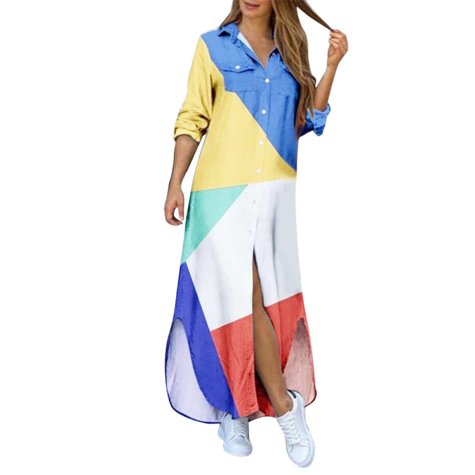 Women's Long Sleeve Split Maxi Dress - Loose Fit Button Down Shift Dress with Asymmetrical Hem | Perfect for Summer Beach, Vacation & Casual Outings