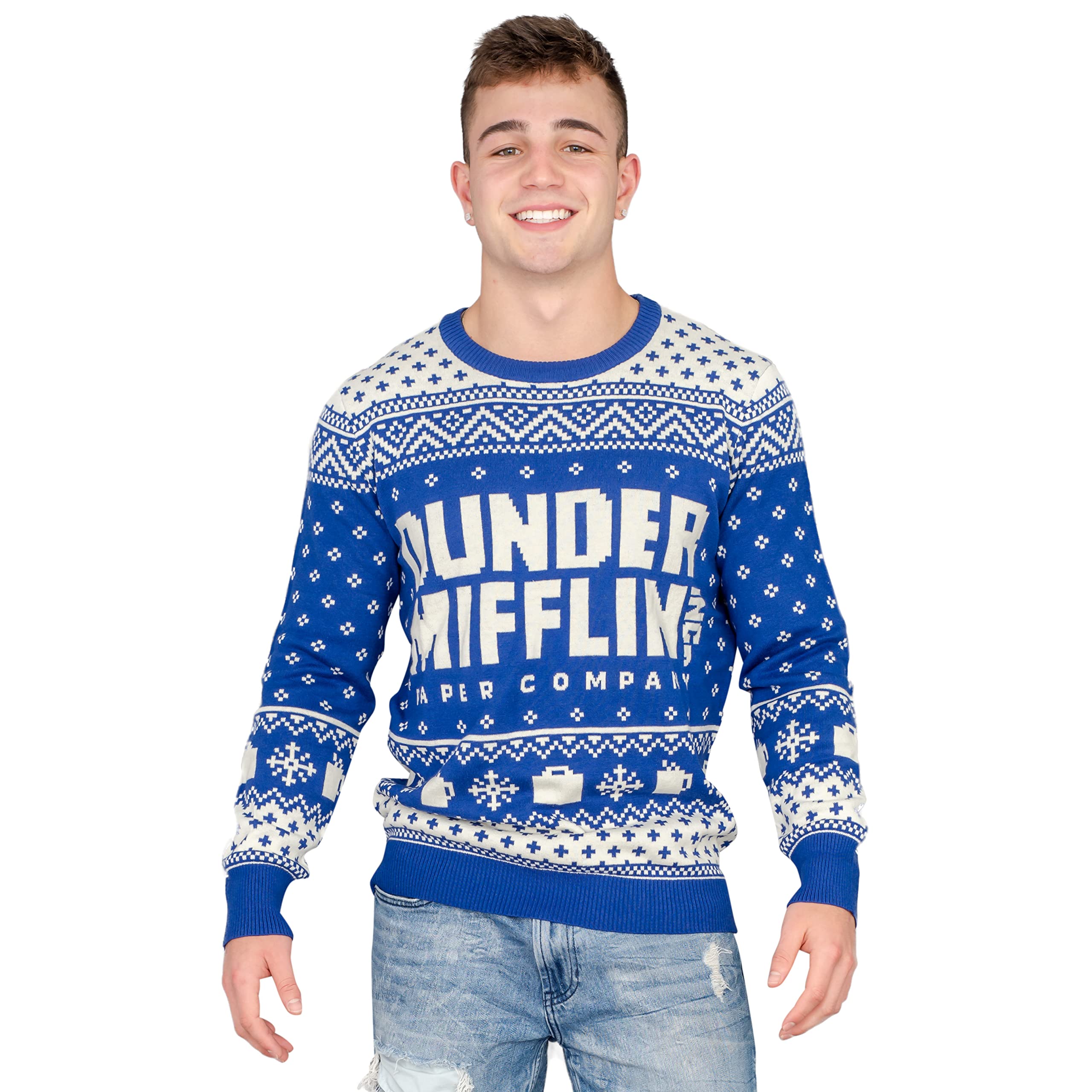 Dunder Mifflin Blue Ugly Christmas Sweater from The Office - Funny Holiday Party Outfit for Christmas, Ugly Sweater Contest & Festive Gatherings