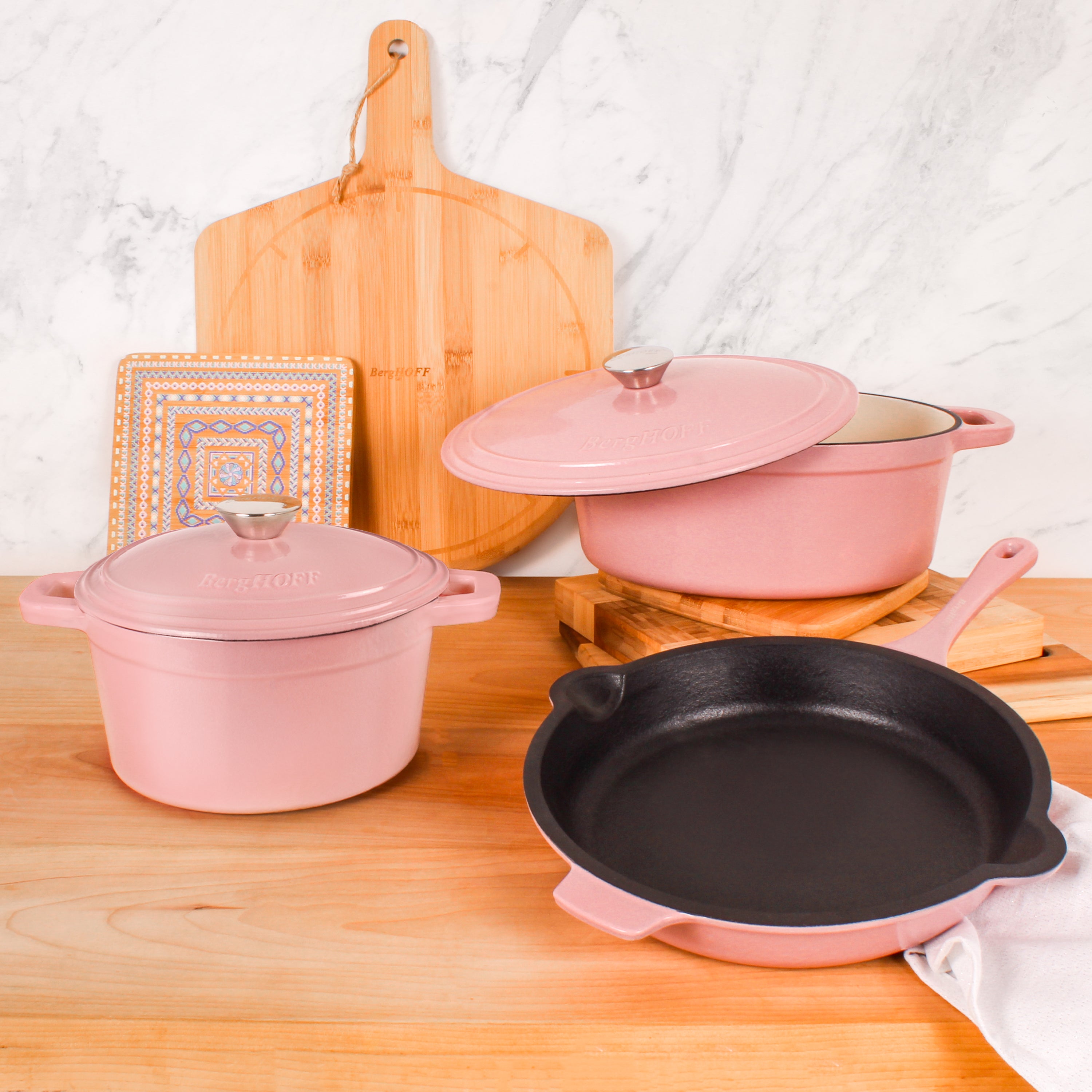 BergHOFF Neo 5-Piece Cast Iron Dutch Oven Set with 10-Inch Fry Pan, 3-Quart & 5-Quart, Pink - Perfect for Baking, Roasting, and Stovetop Cooking