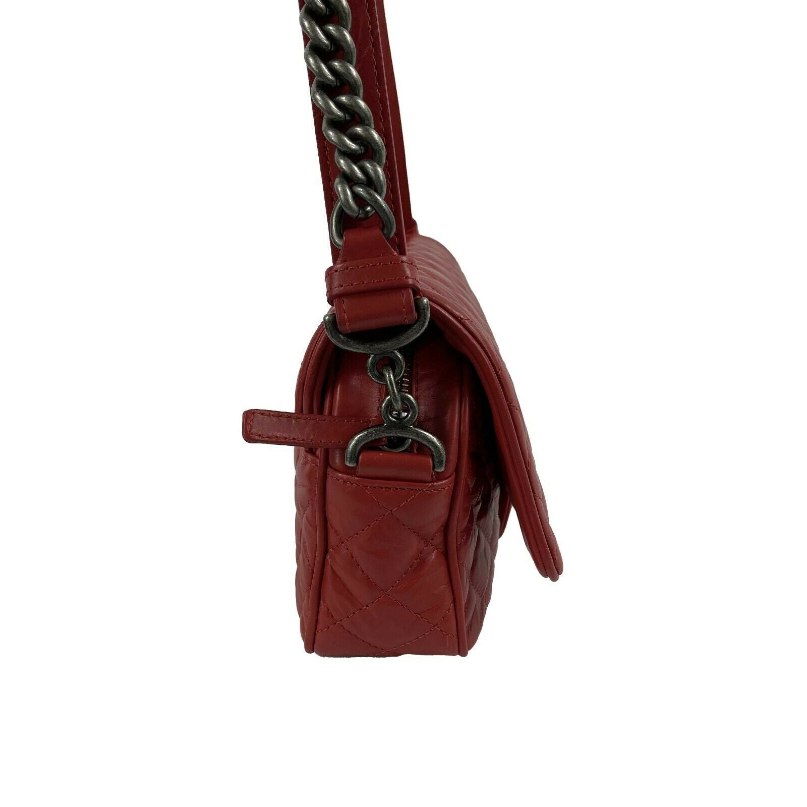CHANEL Red Crinkled Leather Boy Chain Flap Shoulder Bag - Silver Aged Hardware | Luxury Crossbody Purse for Women, Perfect for Evening Parties & Date Nights