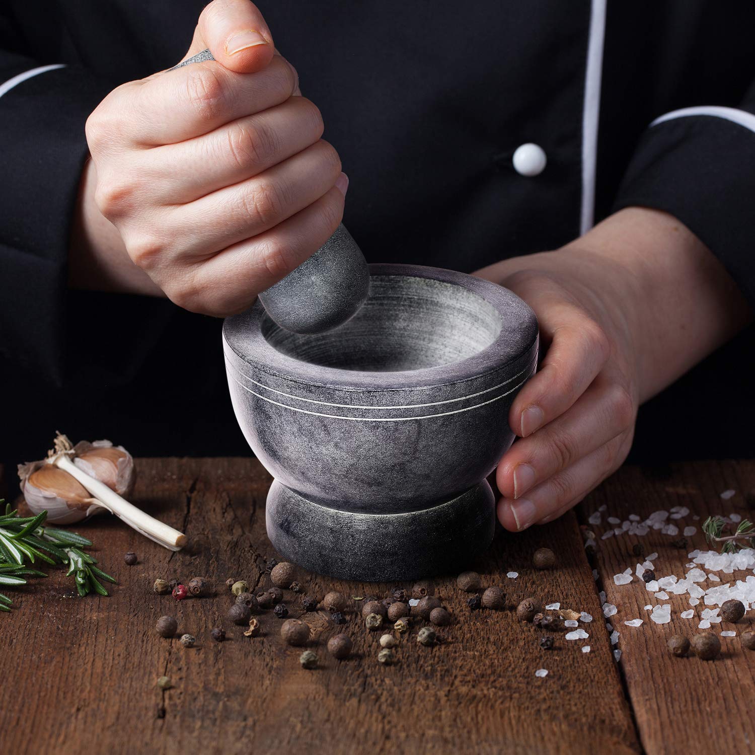 Premium Heavy Duty Mortar and Pestle Set - Polished Natural Stone Spice Grinder for Herbs, Seasonings, Pastes & More (Grey with Rings) - Perfect for Kitchen, Cooking, Ayurveda & Herbal Medicine Preparation