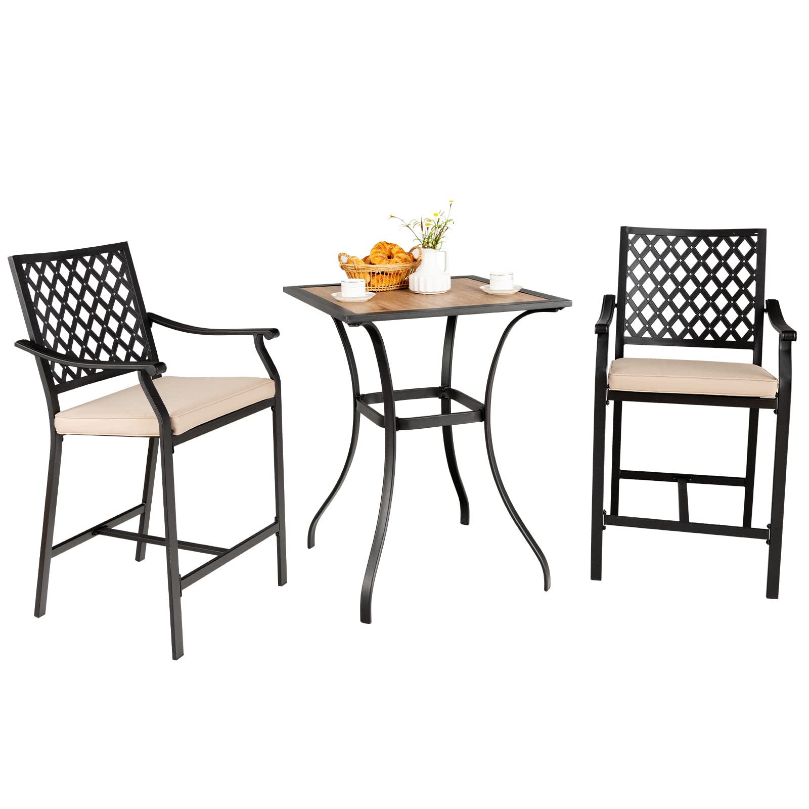Tangkula 3-Piece Outdoor Bar Set - Patio Bistro Table & Stools with Cushions, Heavy-Duty Steel Frame, Weather-Resistant Beige Furniture for Backyard, Poolside, Garden Dining & Entertaining