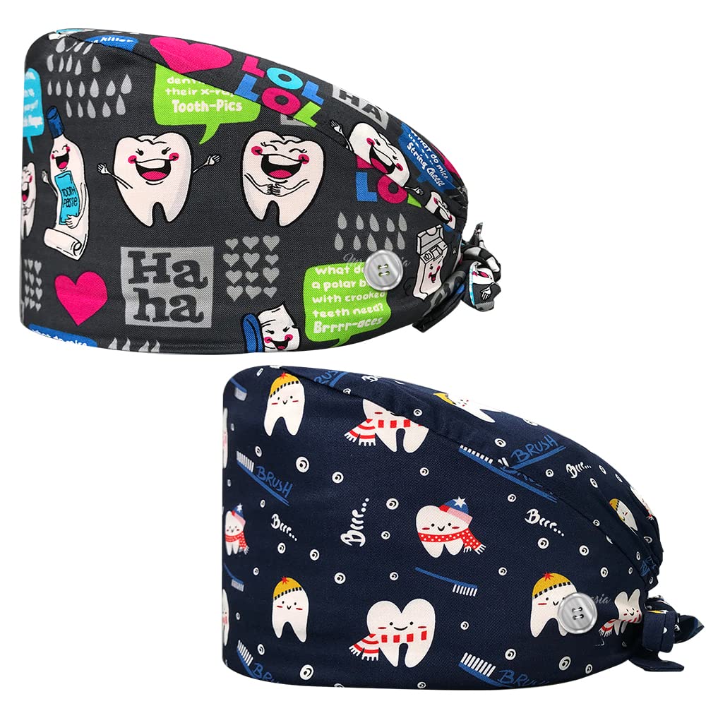 2 Packs Adjustable Nurse Working Cap with Buttons & Sweatband - Printed Multicolored Tie-Back Headwear for Dental Clinics & Hospitals | Comfortable Medical Hat for Healthcare Professionals