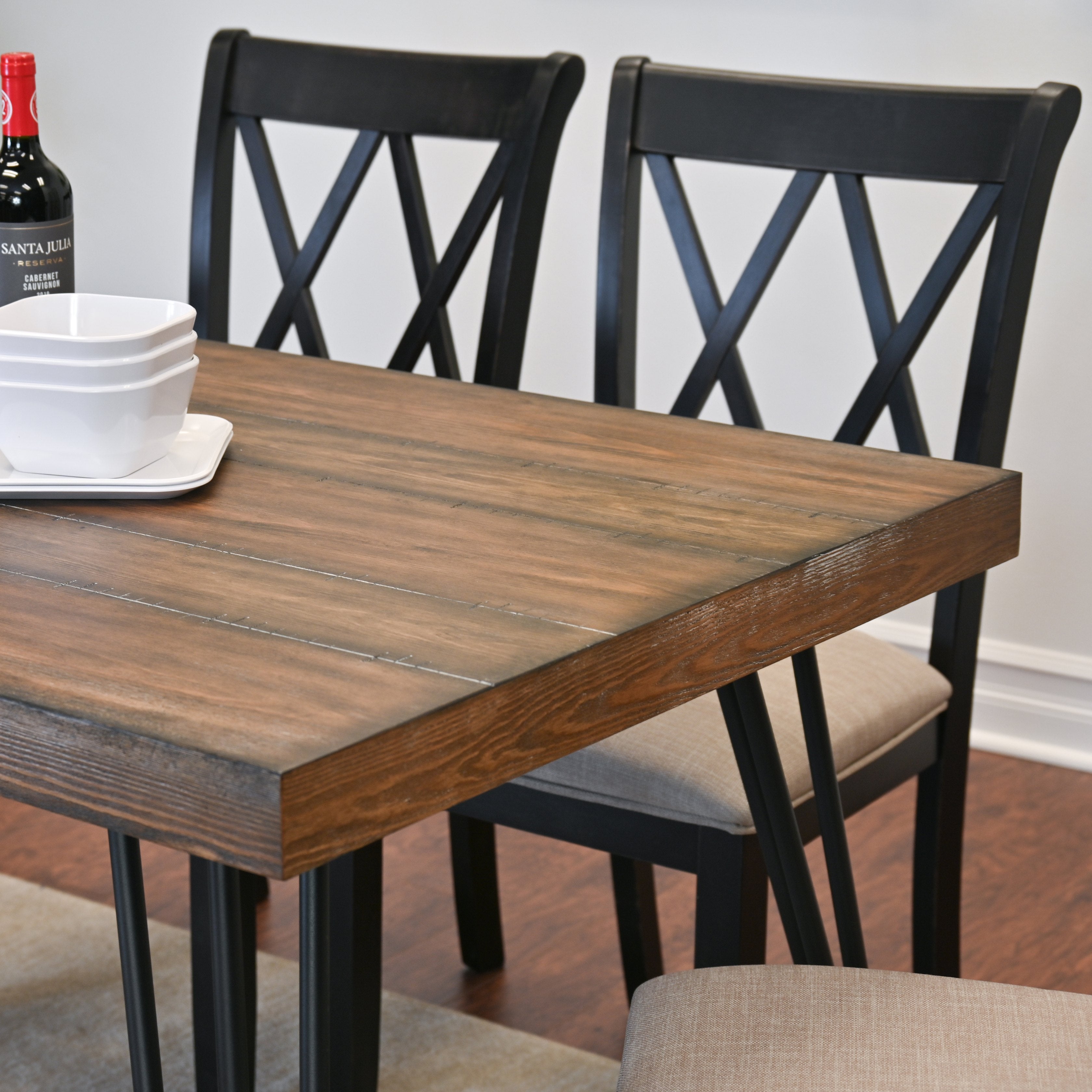 Roundhill Furniture Arroyo 6-Piece Dining Set - Hairpin Leg Dining Table with 4 Cross Back Chairs & Bench in Rich Black | Modern Kitchen & Dining Room Furniture for Small Spaces