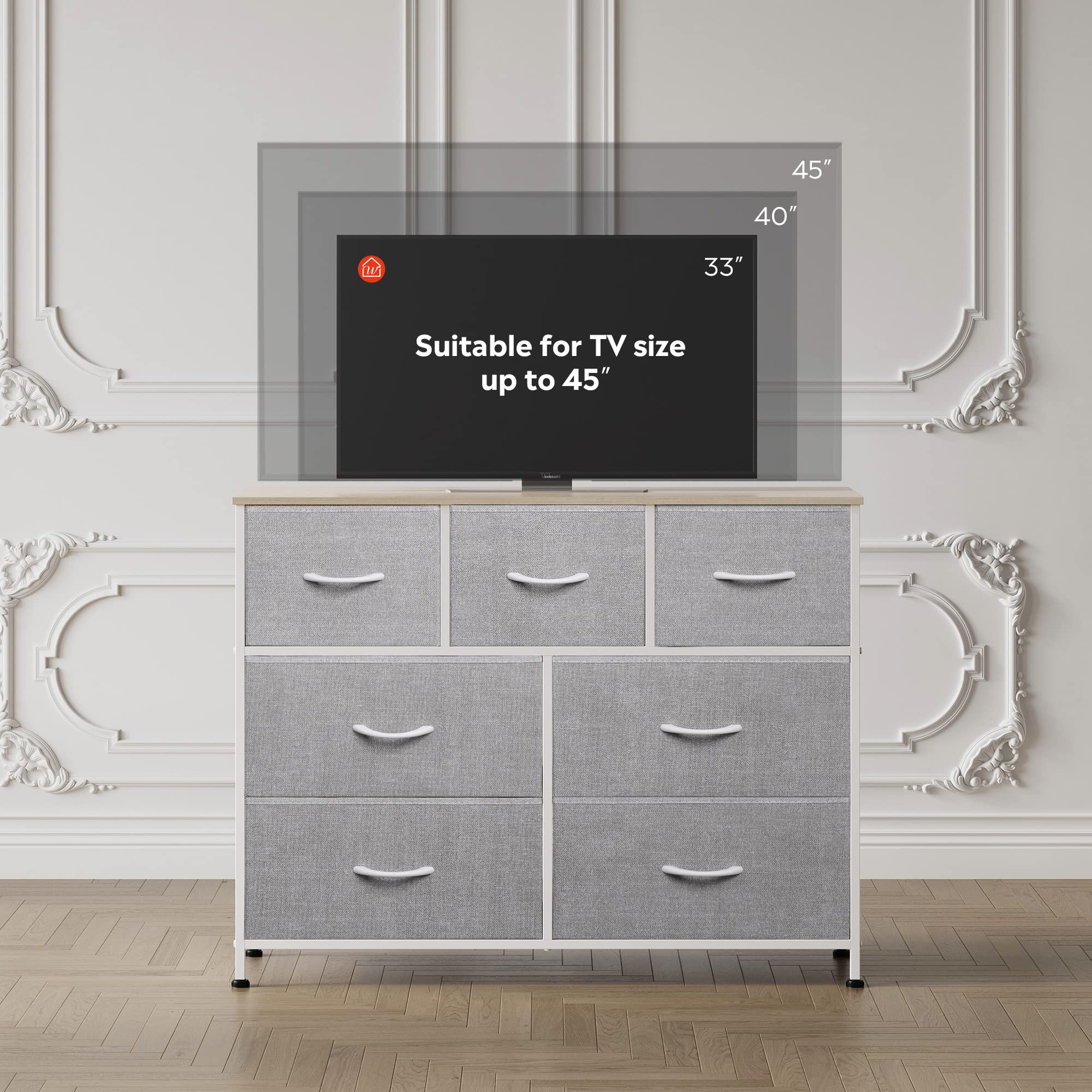 WLIVE 7-Drawer TV Stand Dresser with Metal Frame & Wood Top - 45 Inch Entertainment Center, Media Console for Bedroom & Living Room - Light Grey - Perfect for Organizing Electronics, Storing Blankets & Enhancing Home Decor