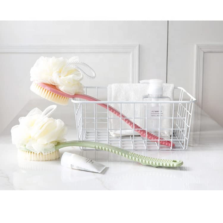 Adaamya® Exfoliating Shower Brush with Bristles & Loofah Sponge - Long Curved Handle Body Scrubber for Men & Women - Perfect for Dry Skin Care, Back Cleansing & Spa Relaxation (Color May Vary)