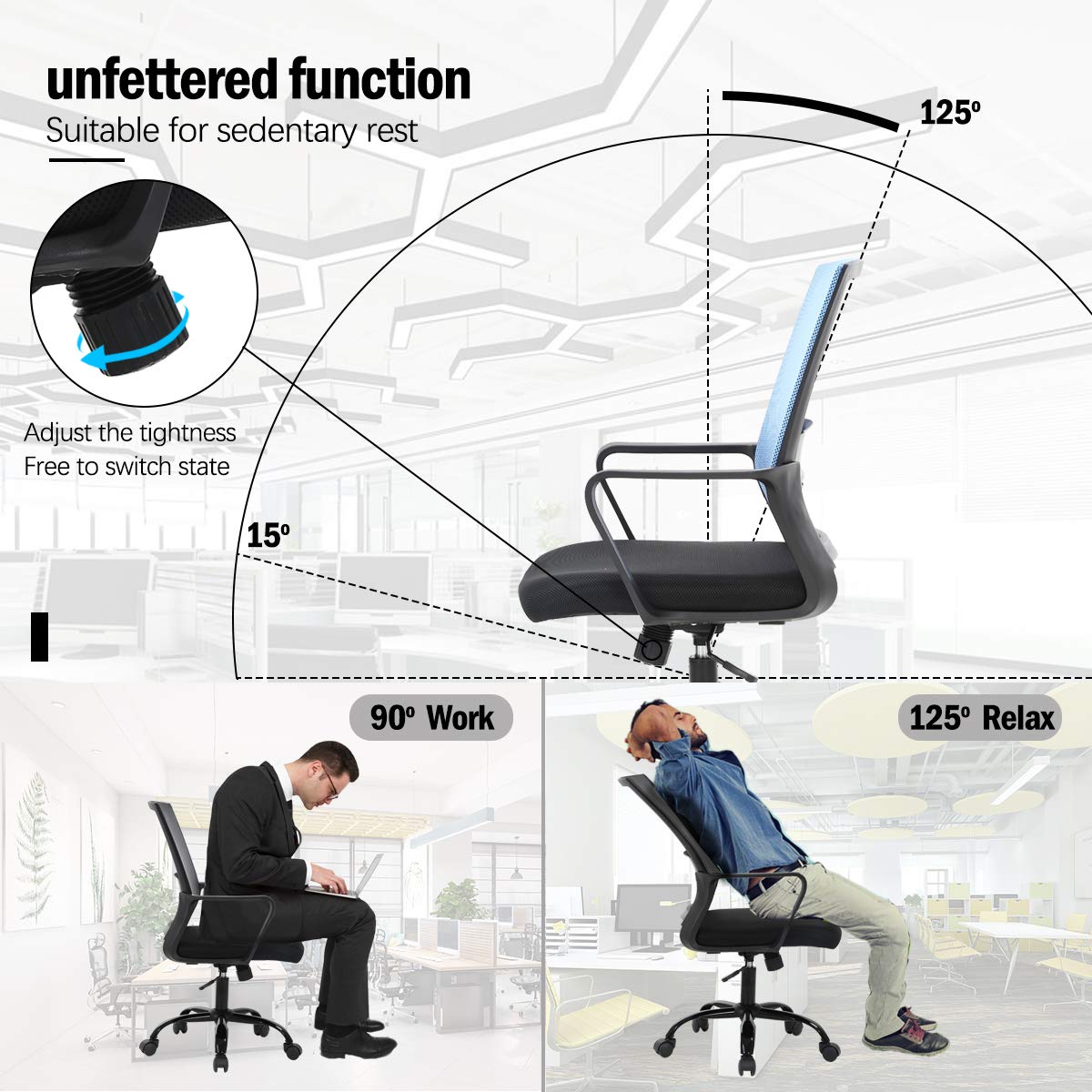 Ergonomic Office Chair - Adjustable Height Mesh Computer Desk Chair with Lumbar Support & Armrests - Modern Swivel Task Chair for Women & Men - Home Office, Gaming & Workspace (Blue)