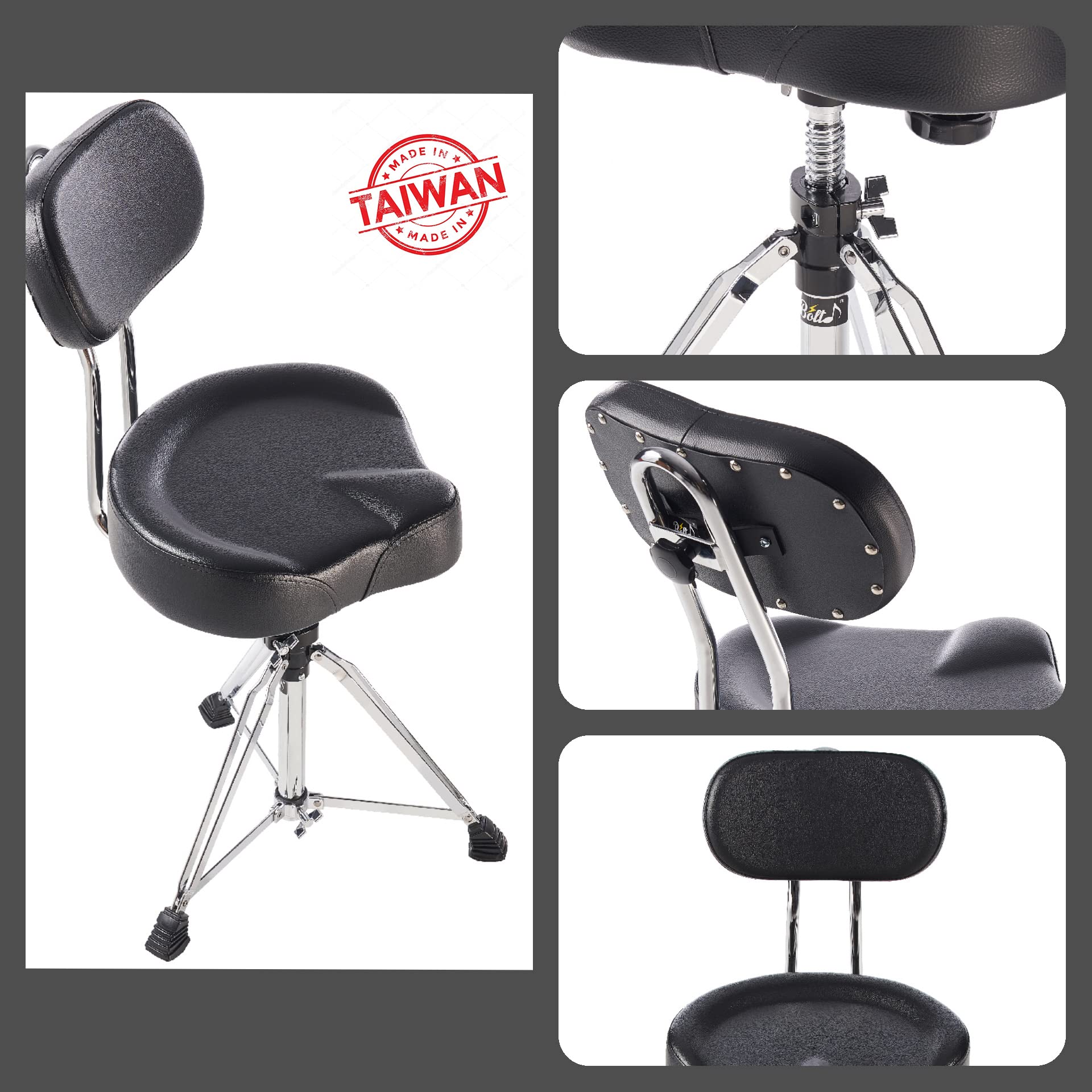 Boltd Adjustable Drum Throne Stool - Motorcycle Style Seat with Large Backrest for Drummers | Made in Taiwan | Comfortable Percussion Stool for Drum Set, Practice & Live Performances