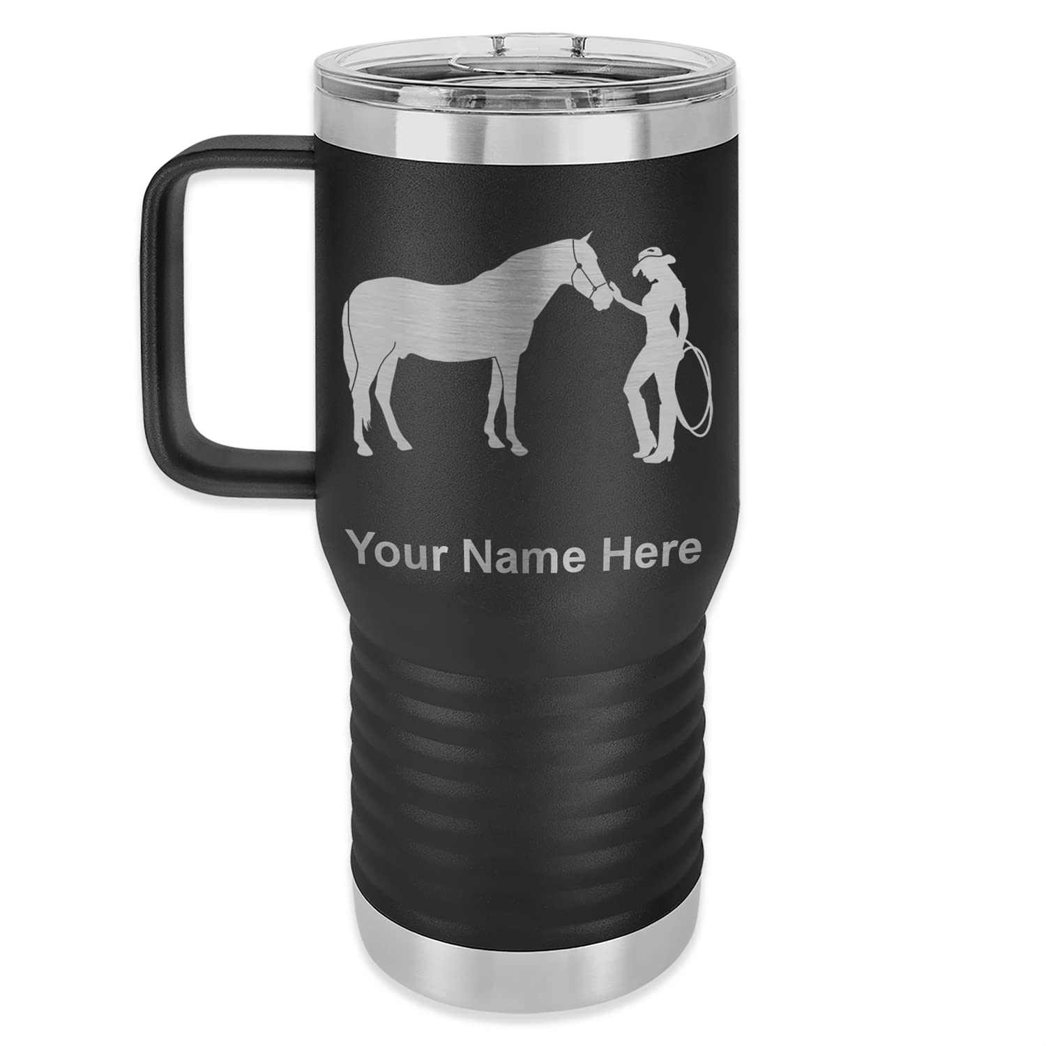 LaserGram 20oz Vacuum Insulated Stainless Steel Travel Mug with Handle - Personalized Engraved Horse & Cowgirl Design (Black) | Perfect for Coffee, Tea & Hot/Cold Drinks | Great Gift for Cowboy Fans & Outdoor Enthusiasts