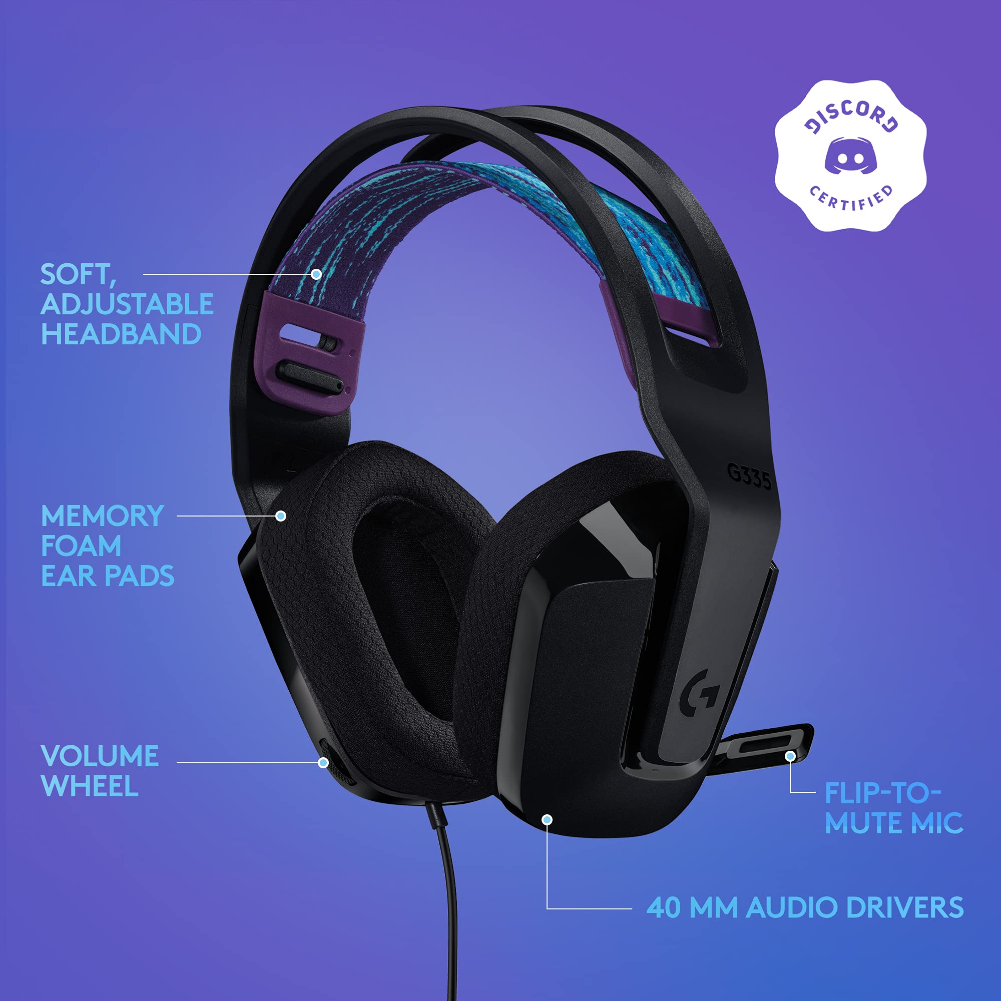 Logitech G335 Wired Gaming Headset with Flip-to-Mute Mic - Lightweight Over-Ear Headphones with Memory Foam Earpads, 3.5mm Audio Jack - Compatible with PC, PS4, PS5, Xbox, Nintendo Switch (Black) - Perfect for Competitive Gaming, Streaming & Online Classes
