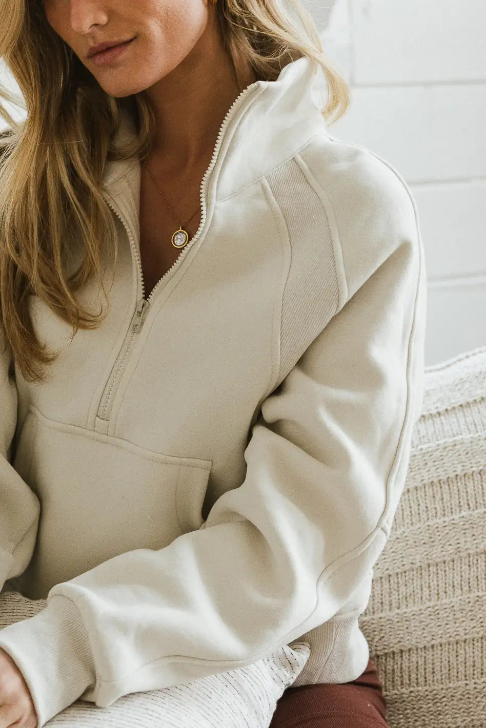 Alyssa Half Zip Pullover Sweatshirt in Bone Color | Women's Casual Fleece Top for Fall & Winter | Perfect for Layering, Outdoor Activities & Cozy Loungewear