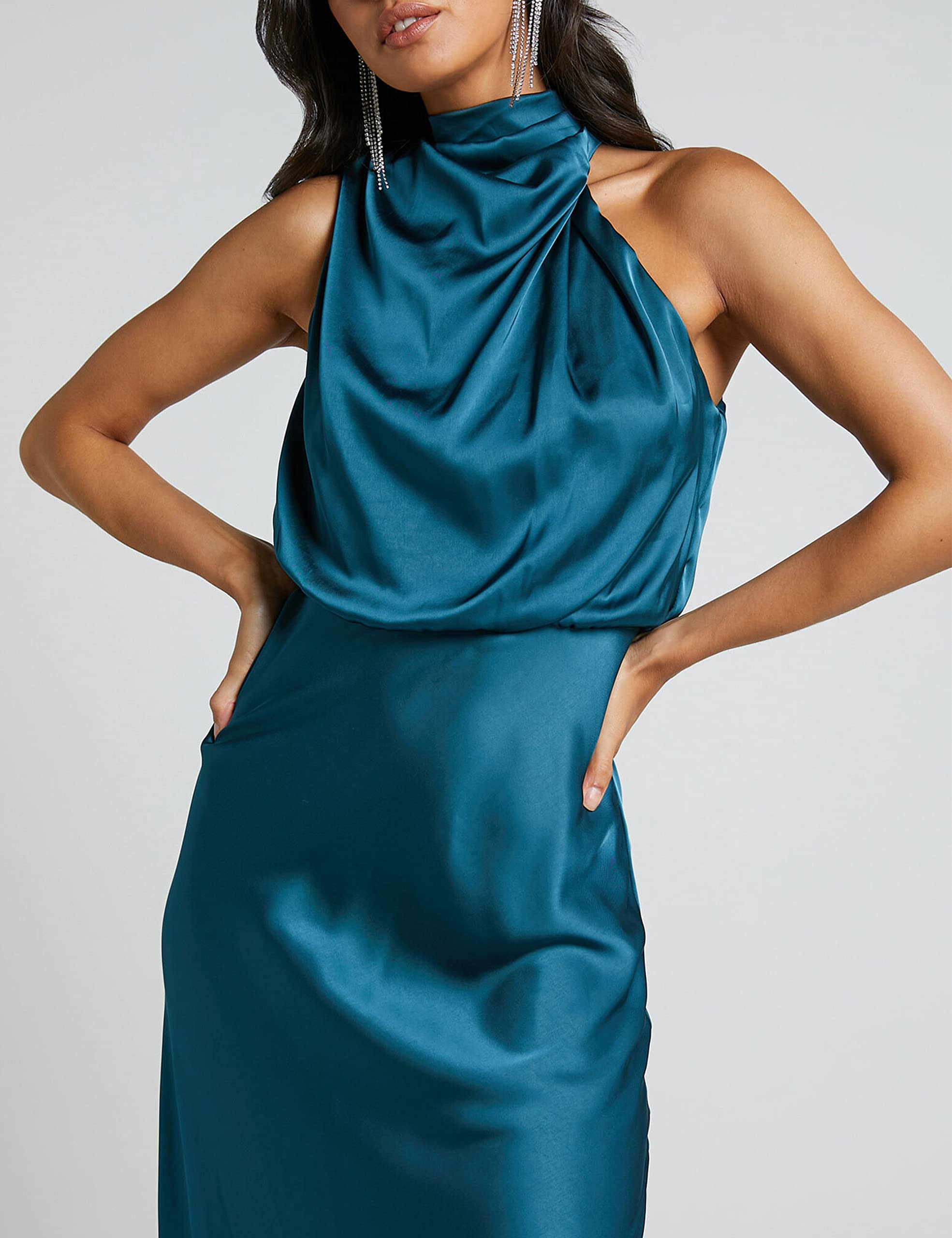 Elegant Women's 2024 Summer Satin High Neck Dress - Silk Sleeveless Mock Neck Cocktail Party Midi Dress for Formal Events, Weddings & Evening Occasions