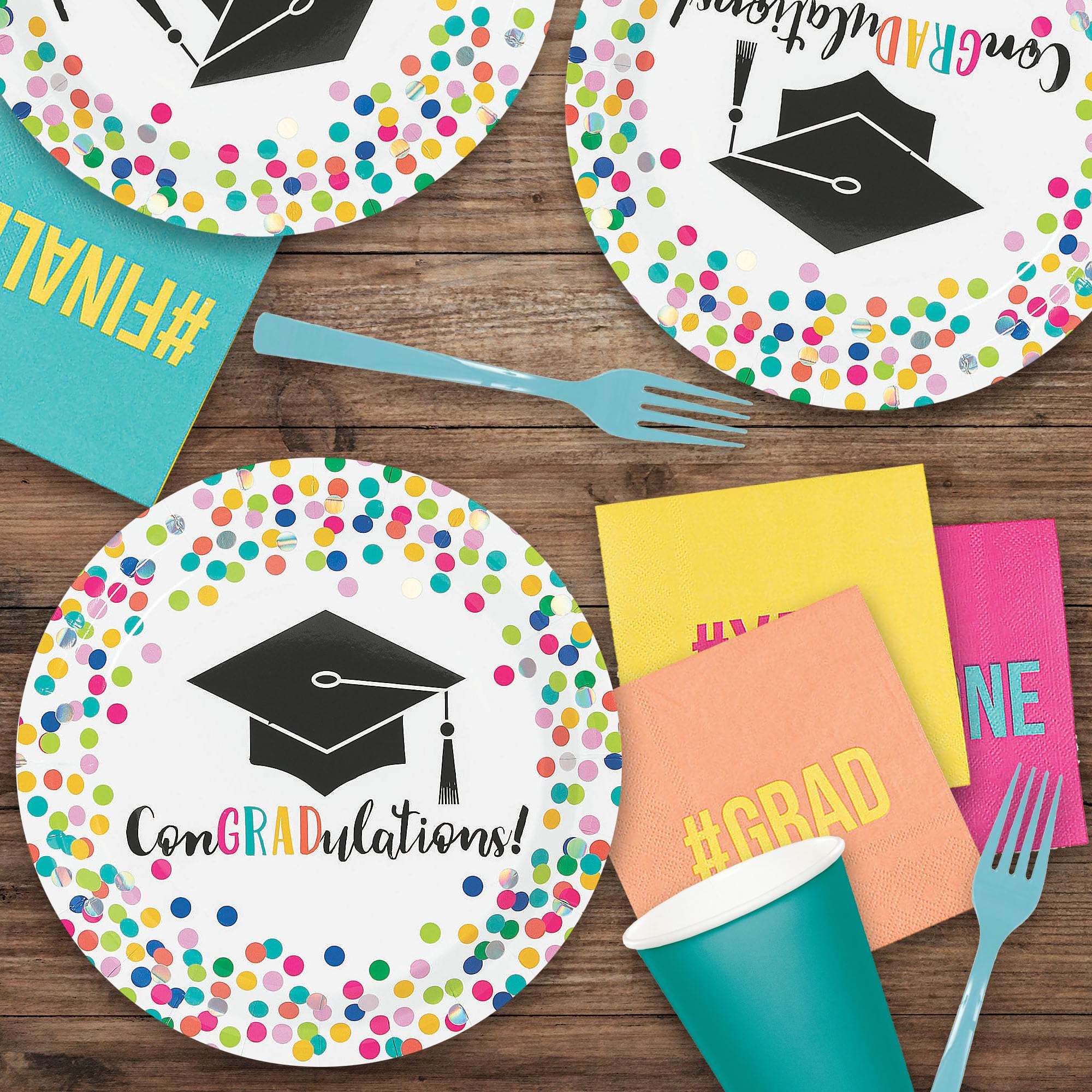 Graduation Party Supplies - 16 Confetti Dot Paper Dinner Plates & Beverage Napkins Set for Girls | Perfect for Graduation Celebrations, School Parties & Congratulations Events