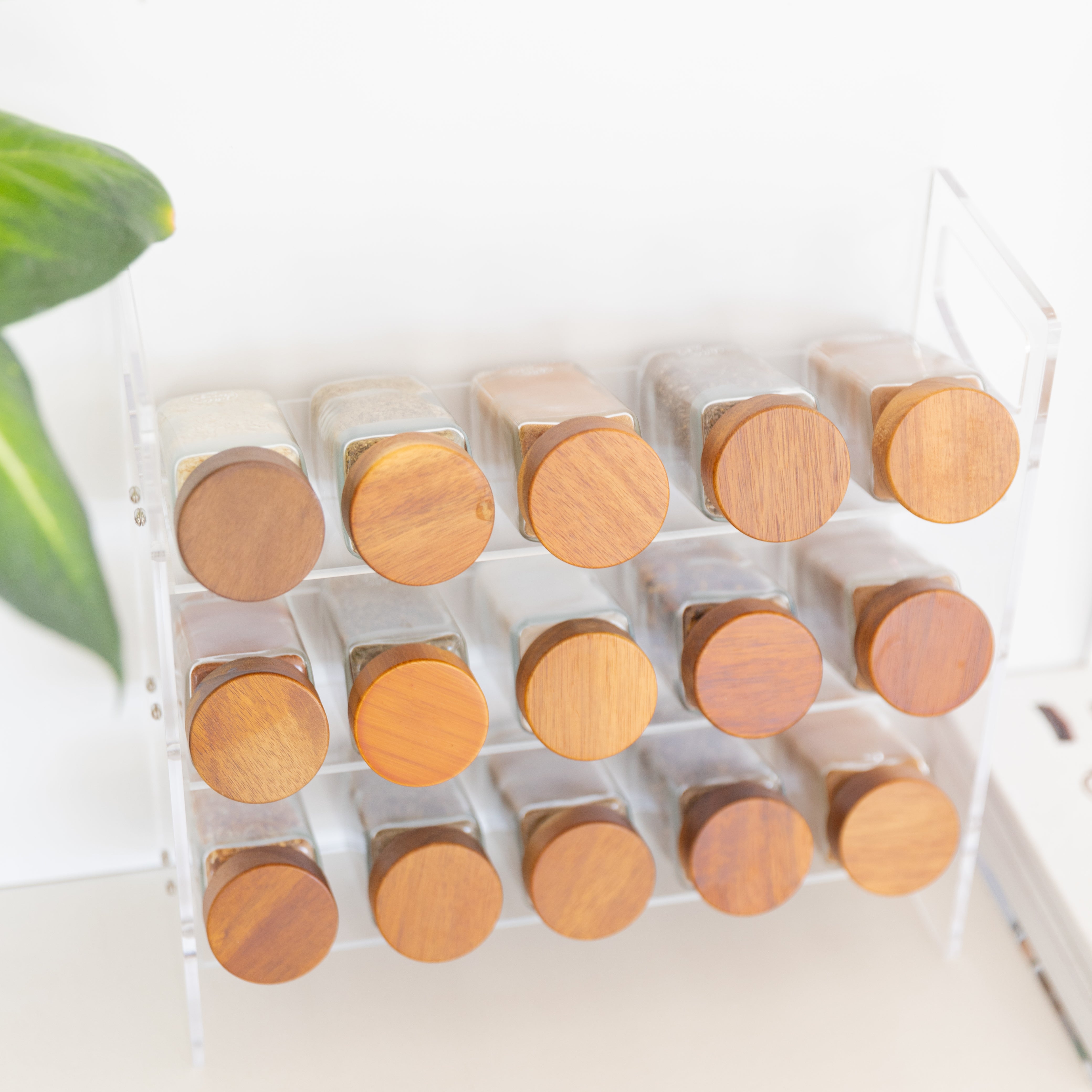3-Tier Acrylic Spice Rack Organizer with 15 Acacia Wood Spice Jars - Kitchen Countertop Storage for Herbs, Seasonings & Spices - Perfect for Pantry, Cabinet or Counter Organization
