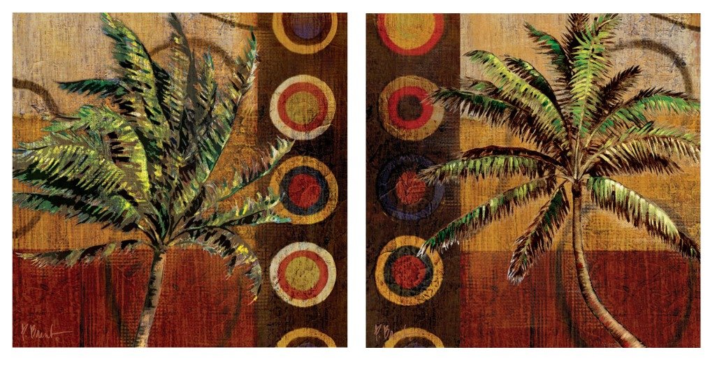 2 Palm Tree Circles Contemporary Tropical Art Print Posters - 12x12 Inch Red, Brown, Orange Wall Decor - Perfect for Beach House, Living Room & Office Decor