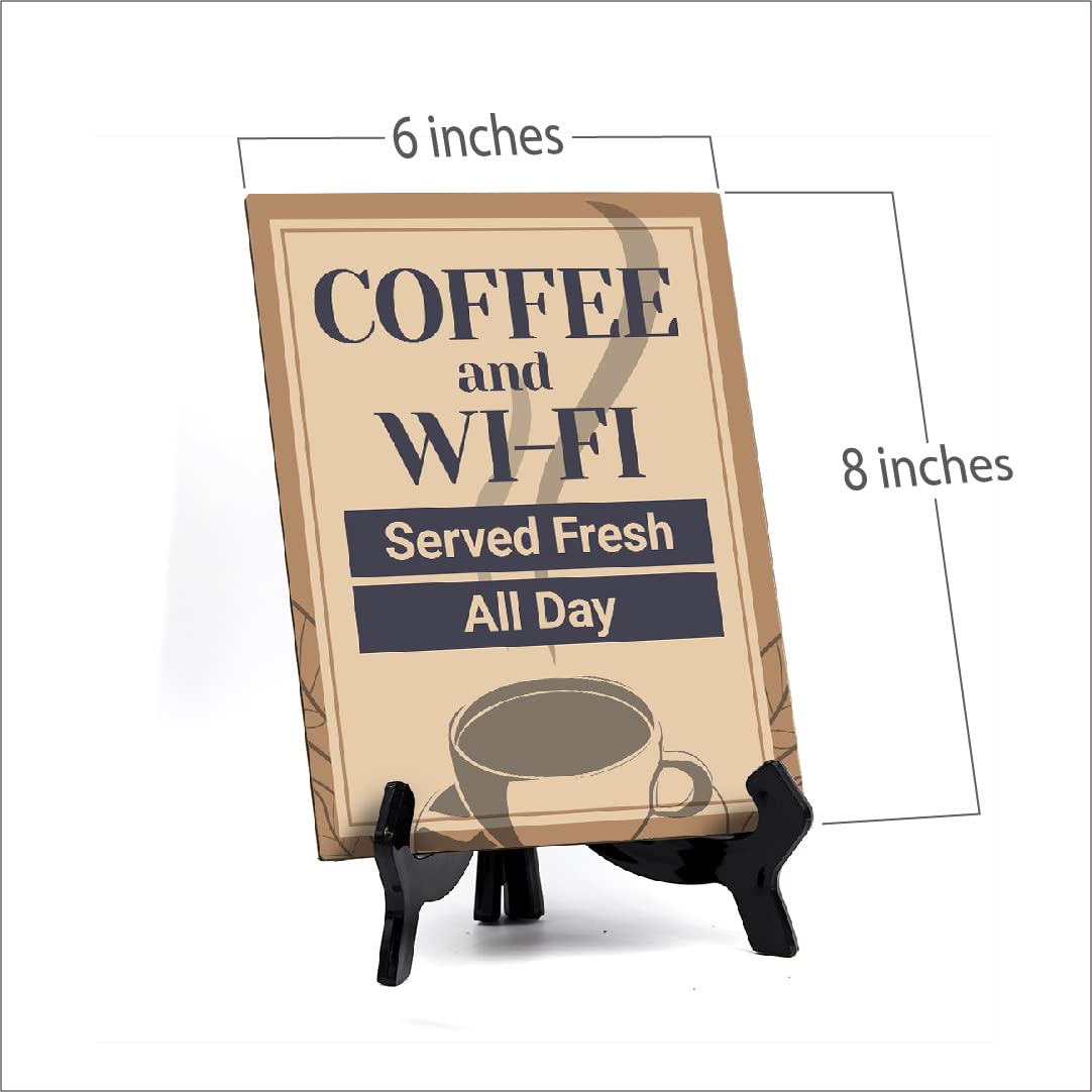 ByLITA Coffee and Wi-Fi Served Fresh All Day Table Sign - 8 x 6 Inches - Perfect for Cafes, Restaurants, and Office Break Rooms