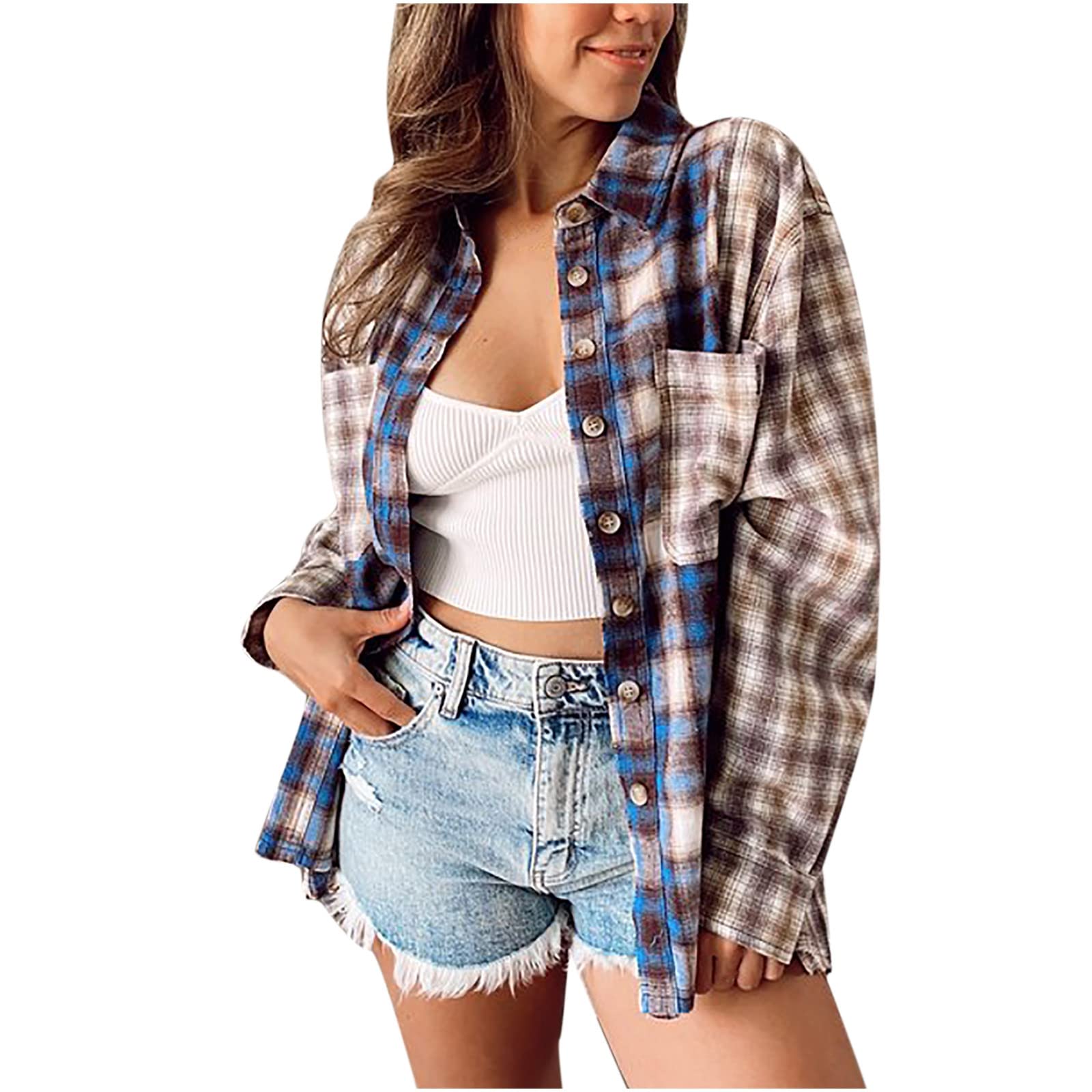 Stylish Plaid Shacket Jacket for Teen Girls & Women - Oversized Long Sleeve Button Down Blouse | Casual Spring Top for School, Outdoors & Daily Wear