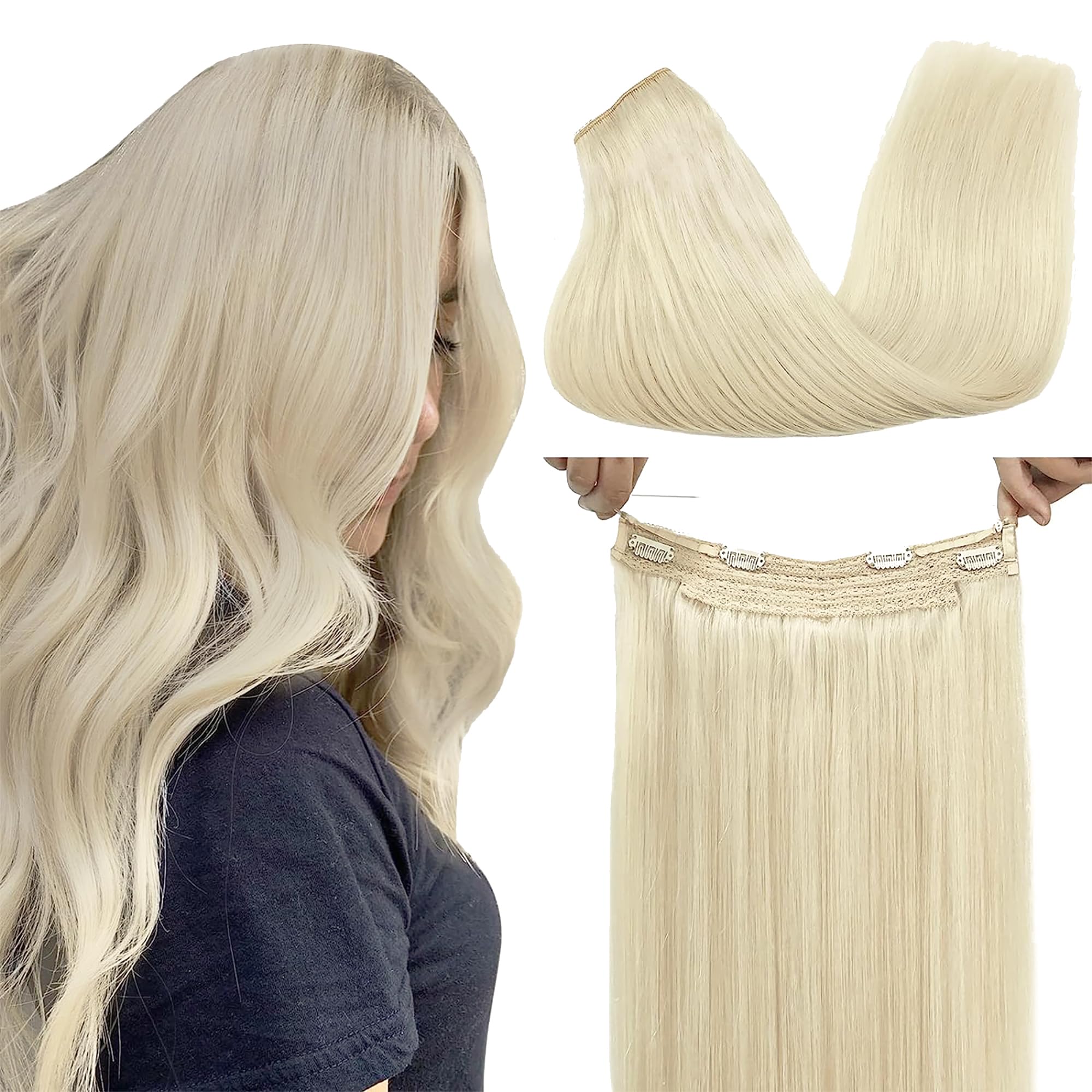 GOO GOO 20Inch 60C Platinum Blonde Human Hair Extensions - 110g Invisible Wire Hairpiece with Transparent Seamless Fish Line for Natural Look | Perfect for Weddings, Parties & Daily Styling