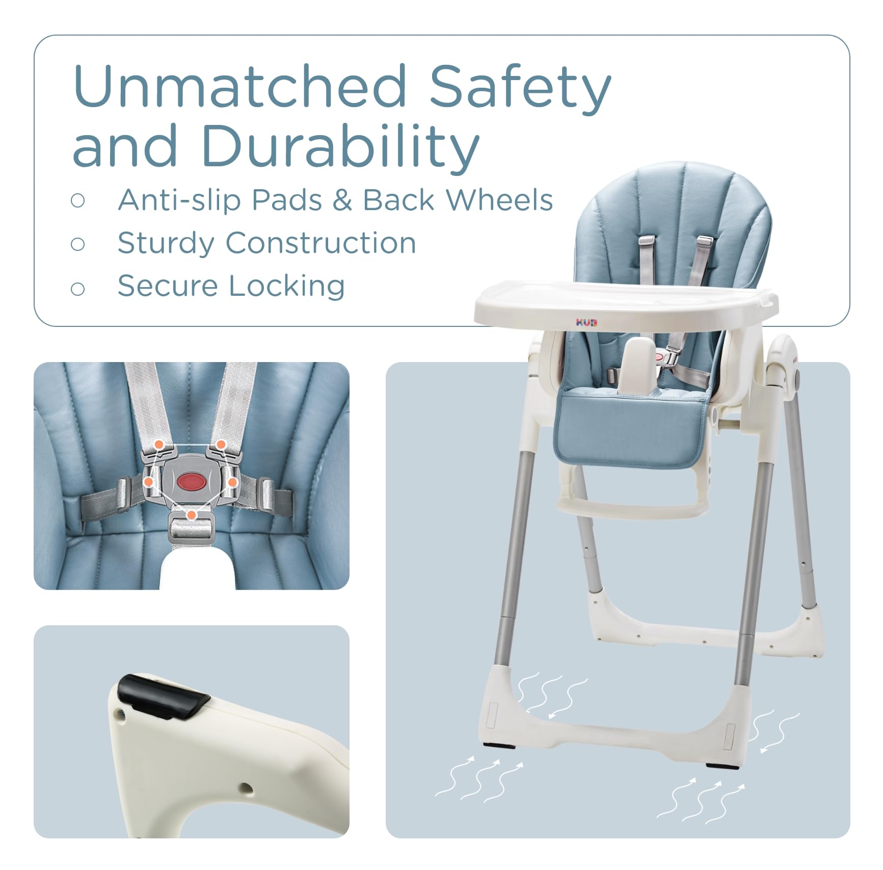KÜB 3-in-1 Foldable Baby High Chair with Removable Tray - Adjustable Height & Recline for Infants & Toddlers | Safe & Portable for Dining, Travel & Home Use | Blue