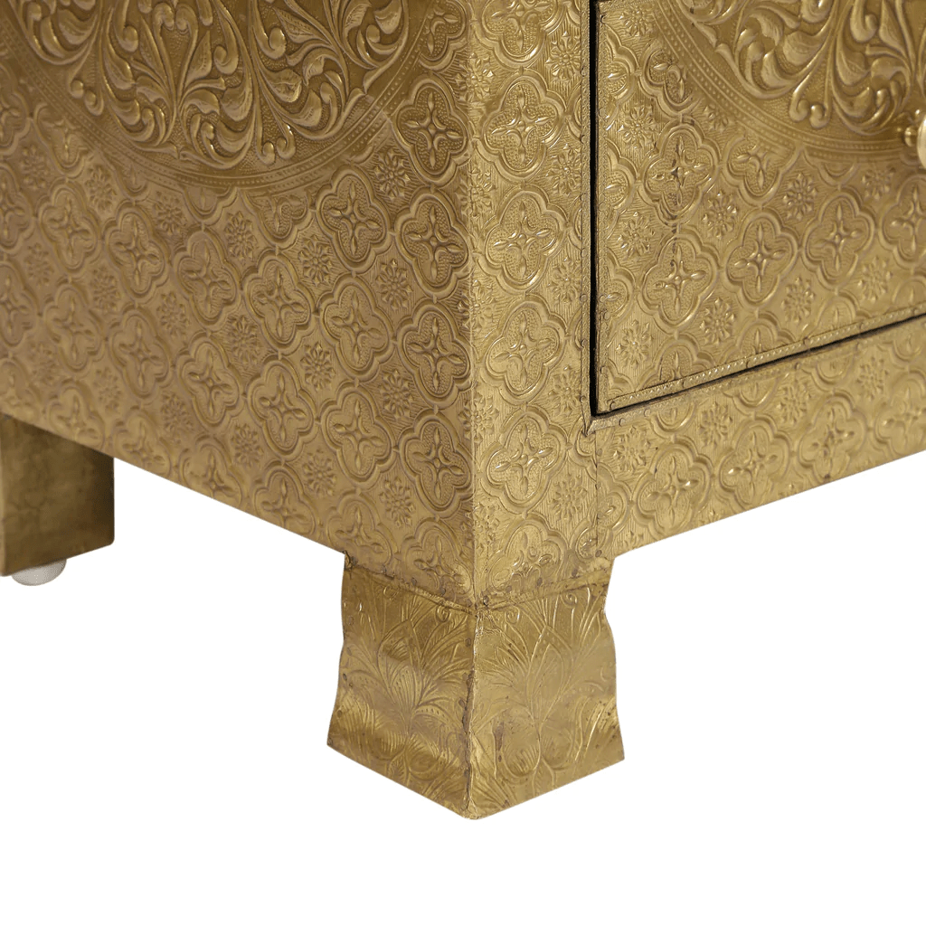 Handmade Embossed Three-Drawer Nightstand - Antique Brass or Silver Finish Bedside Table | Perfect for Bedroom, Guest Room, or Nursery Storage
