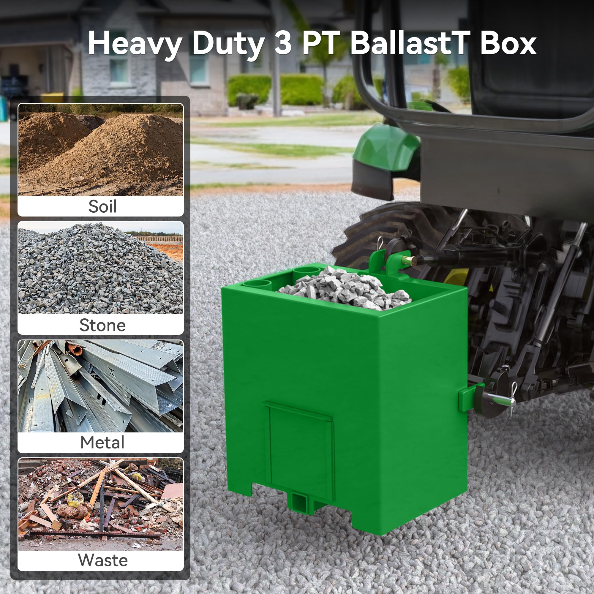 YITAMOTOR 800lbs 3 Point Hitch Ballast Box for Category 1 Tractor - Heavy Duty Weight Box with 2'' Quick Trailer Hitch Receiver (Green) - Perfect for Tractor Stability, Counterbalance & Farm Equipment Transport