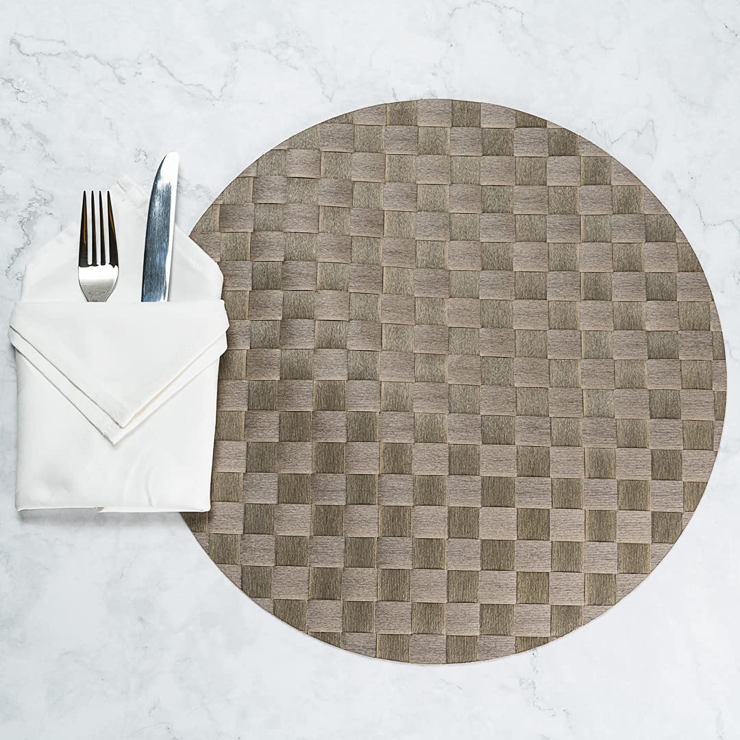 Restaurantware Macroweave 15 Inch Round Woven Placemats Set of 6 - Durable & Easy Clean Light Brown Plastic Table Mats for Dining Room, Kitchen, Restaurant or Outdoor Use