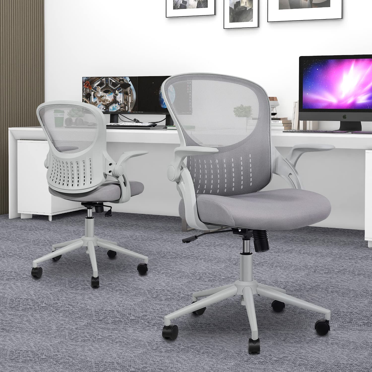 Ergonomic Mesh Office Chair with Lumbar Support - Adjustable Mid-Back Computer Gaming Desk Chair with Flip-Up Arms & Wheels for Home Office, Study Room, Bedroom - Comfortable Swivel Task Chair for Adults & Students (Grey) - Perfect for Long Work Hours, Online Classes & Gaming Sessions