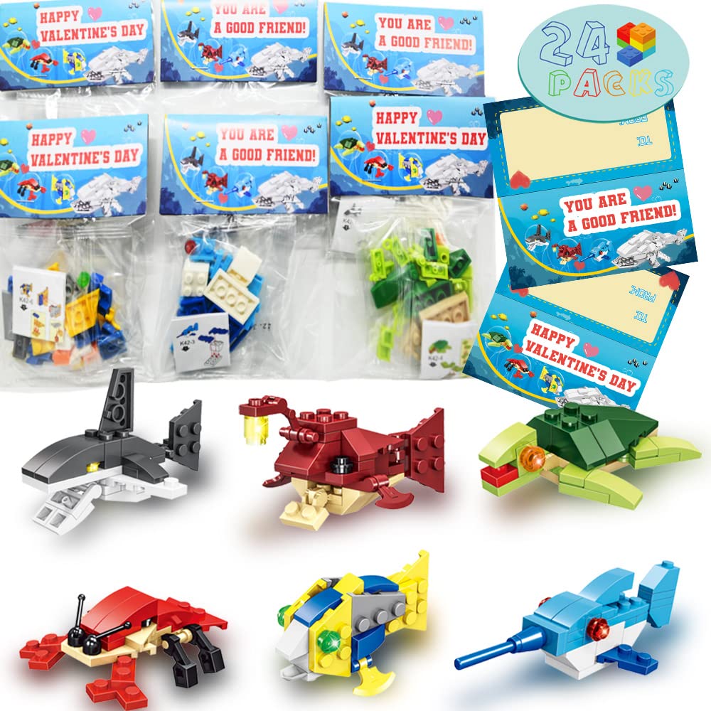 WODMAZ Valentine's Day Cards with Sea Animal Building Blocks - 24 Pack Kids Ocean Building Toys Set for Classroom Party Favors, Gift Exchange & Greetings | Perfect for Valentine's Day Gifts, School Events & Kids Birthday Party Activities