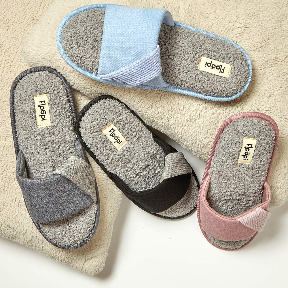 Floopi Women's Soft Waffle Summer Slide Slippers - Memory Foam Open Toe Sandals with Knit Strap, Terry Cloth Insole & Anti-Slip Rubber Outsole | Indoor/Outdoor House Shoes for Beach, Poolside, Yoga & Lounging