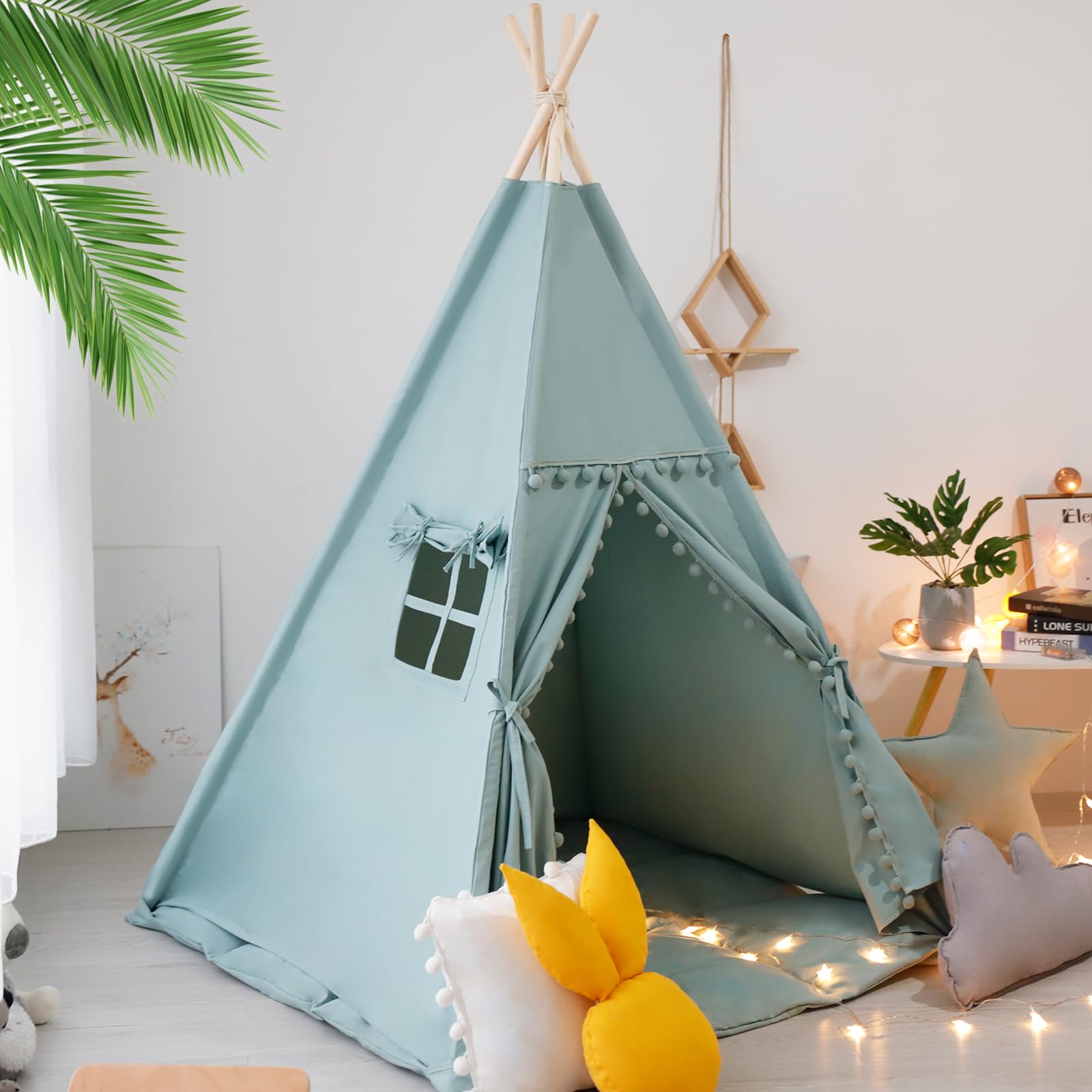 Kids Teepee Tent with Mat & Star Lights - Portable Indoor/Outdoor Playhouse for Camping & Playtime