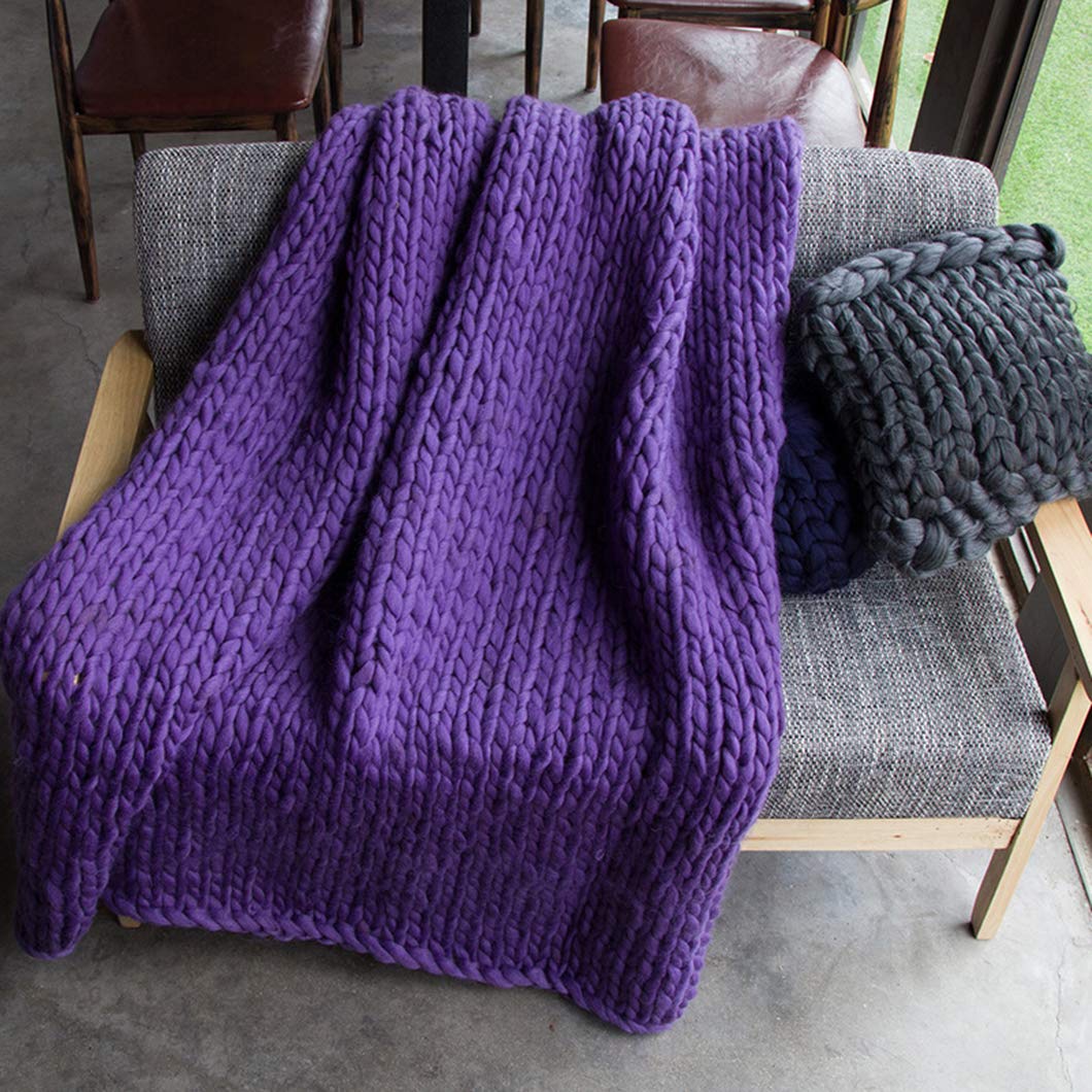 Premium Merino Wool Chunky Knit Blanket - Giant 120x180cm Oversized Throw for Bed, Sofa & Couch - Soft Handmade Arm Knit Blanket in Purple - Perfect for Home Decor, Cozy Winter Nights & Mother's Day Gifts